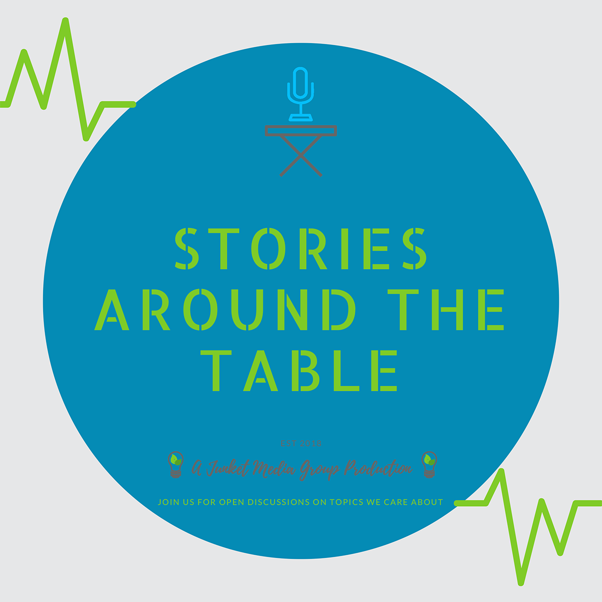 A round blue sign with the text "Stories Around the Table" in green, decorated with icons of a microphone and light bulbs, with a background featuring green line graphics and smaller text encouraging open discussions on topics of interest.