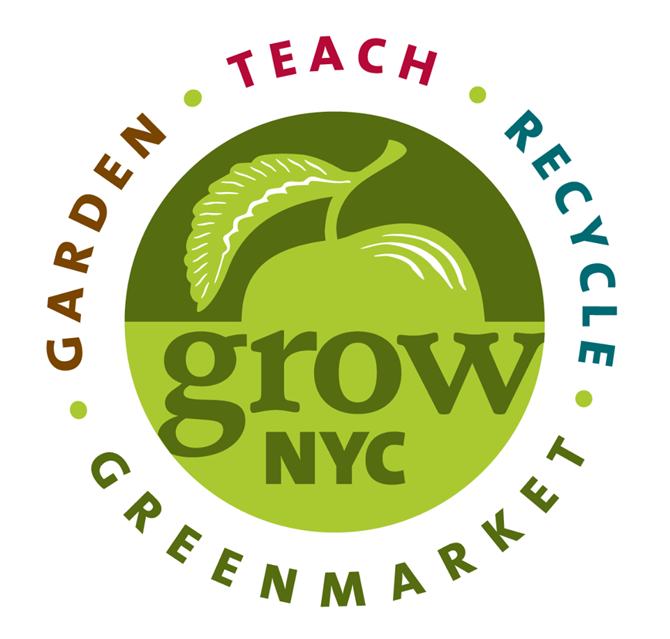 A circular logo featuring a green apple with a leaf. The words "Grow NYC" are in the center, surrounded by the phrases "Gardening" in brown, "Teach" in red, "Recycle" in blue, and "Greenmarket" in dark green, forming a ring around the apple.