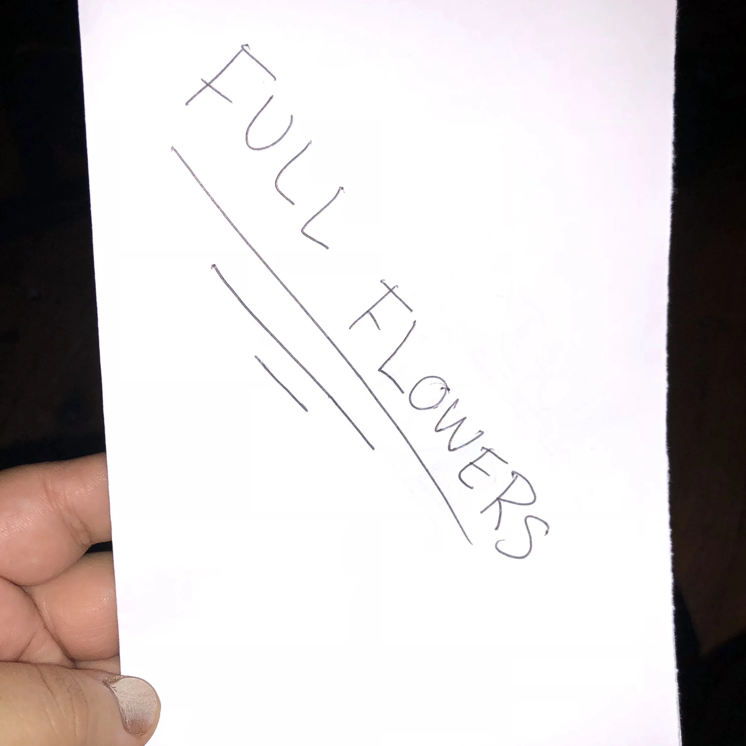 Hand holding a piece of paper with the handwritten words "Full Lovers" and a line underneath.