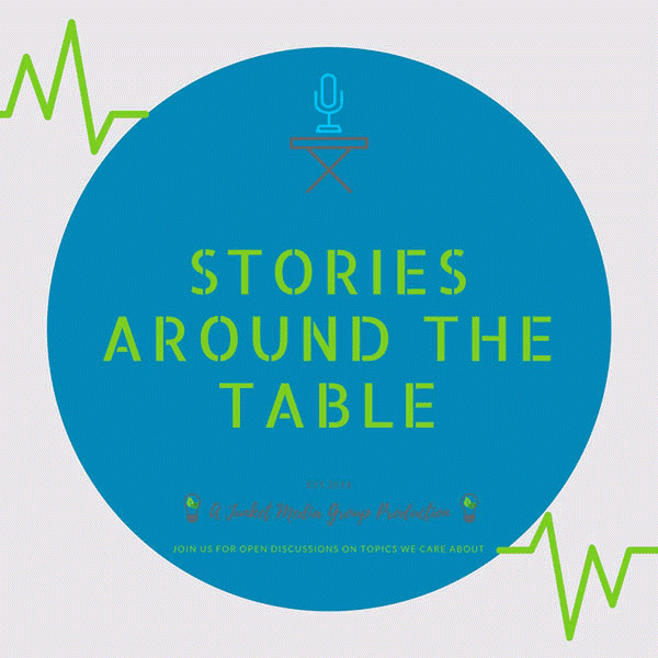 A digital graphic with a large blue circle featuring the text "Stories Around the Table" in green and yellow. Above the circle, there's an outline of a microphone on a stand. Green lines resembling sound waves or an ECG pattern are in the top left and bottom right corners. Smaller text at the bottom invites people to join open discussions on topics they care about.