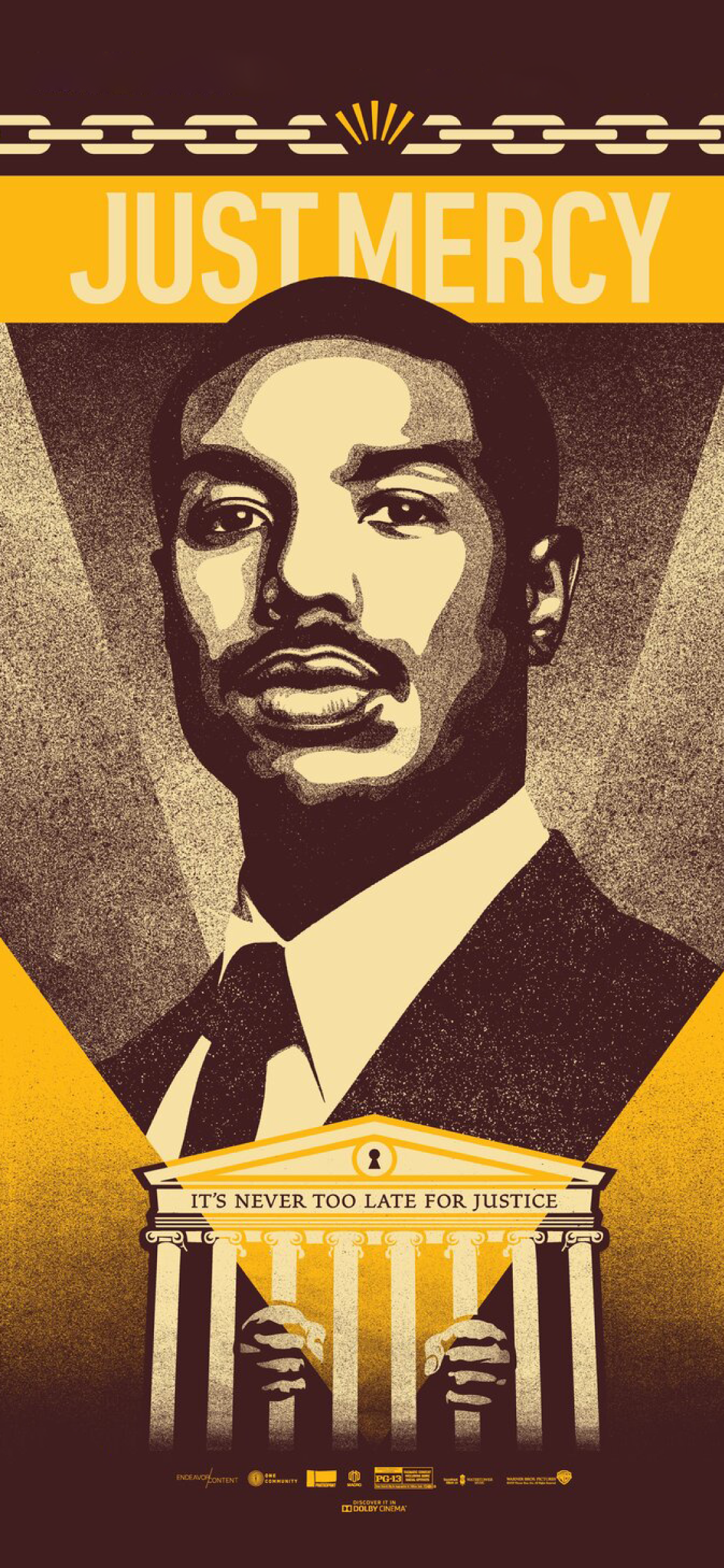 A graphic illustration of a man with a serious expression, wearing a suit and tie, behind a stylized courthouse with the text 'JUST MERCY' at the top and 'IT'S NEVER TOO LATE FOR JUSTICE' on the courthouse.