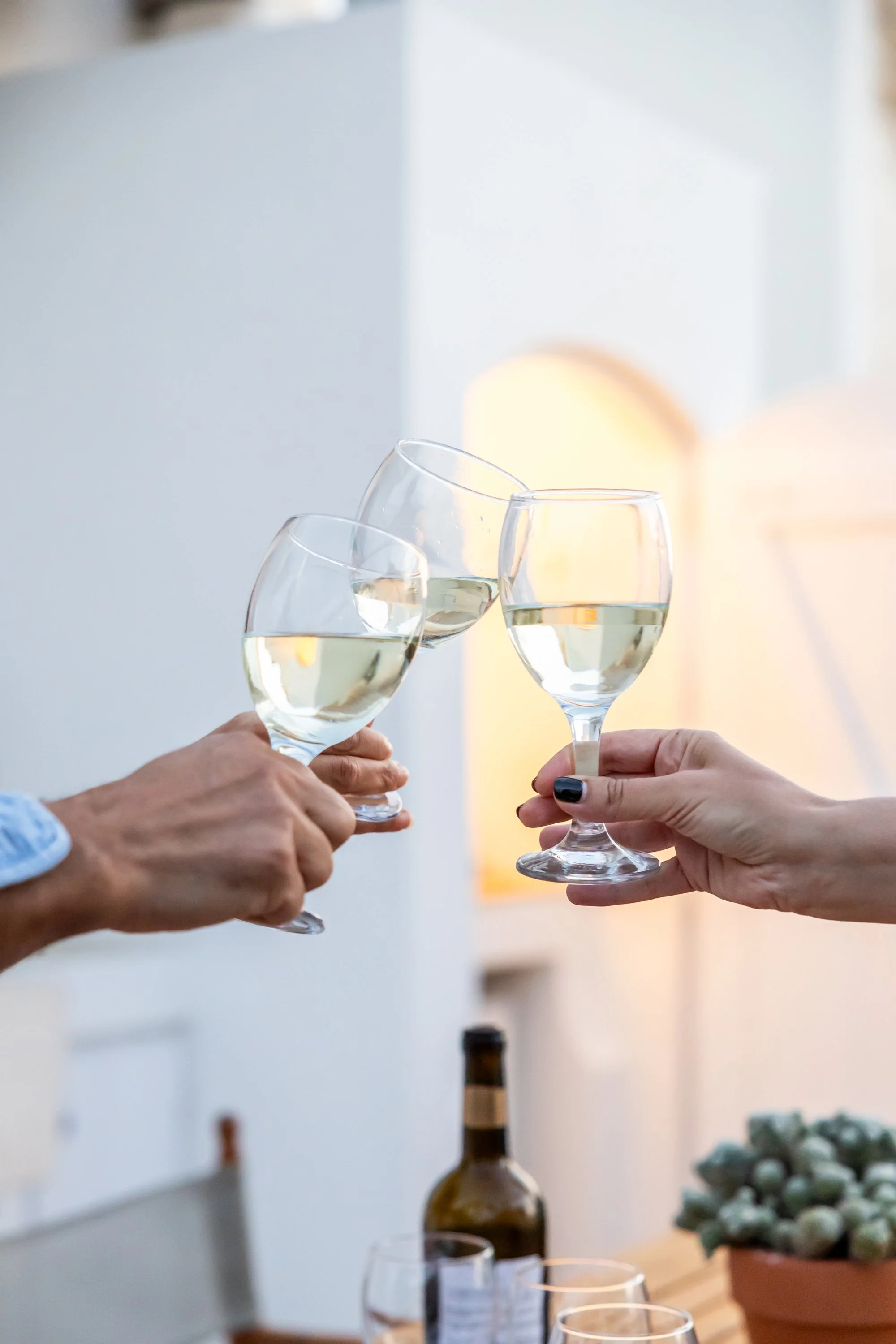 A shared toast with white wine in the outdoor kitchen on the terrace of Palazzo Dolce Vita.