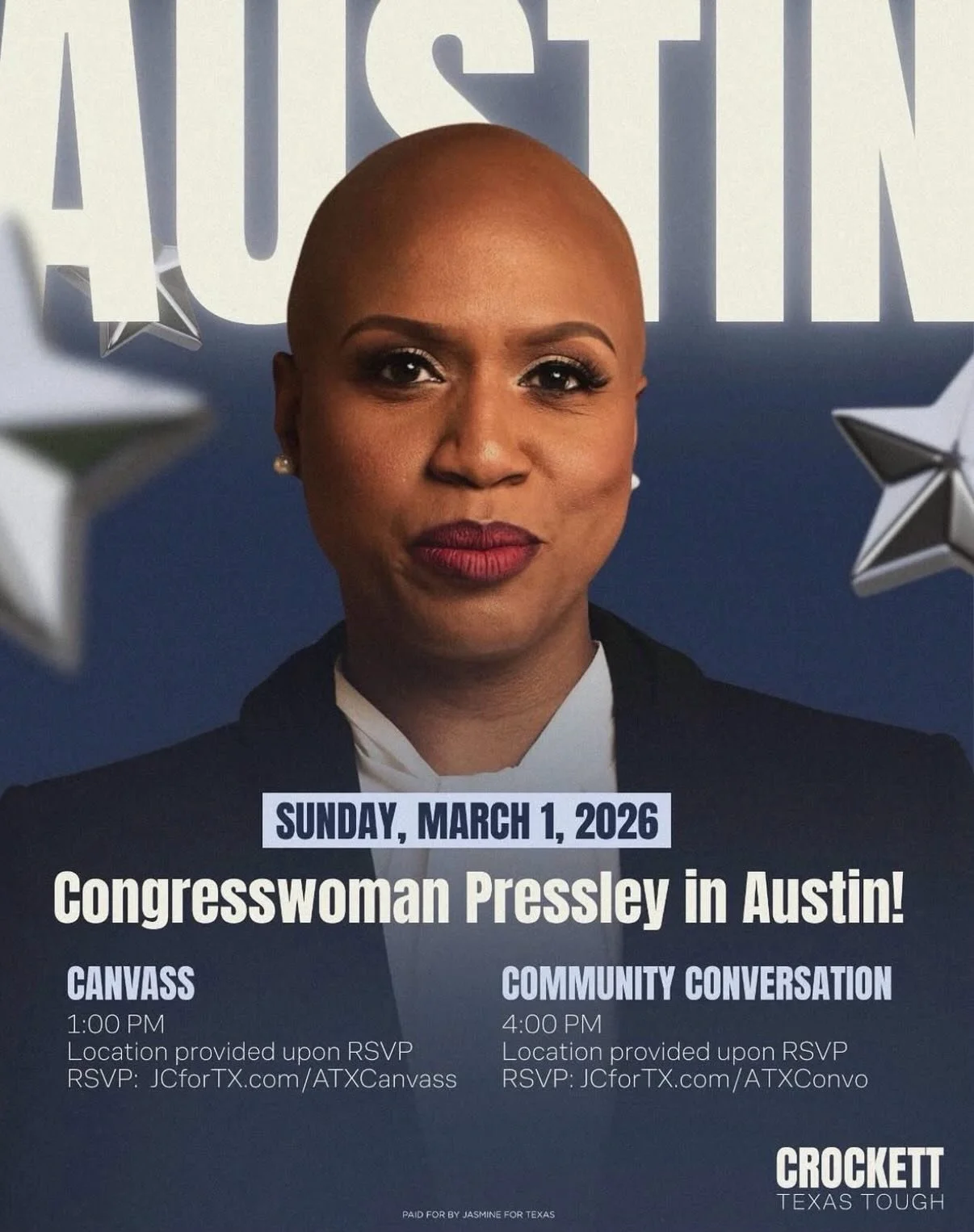 I keep hearing, &ldquo;what are her politicies?&rdquo;, besides being on her website, she&rsquo;s giving you the chance to hear them from her TODAY.

Congresswoman Jasmine Crockett  is bringing Community Conversations across Collin, Dallas, and Tarra