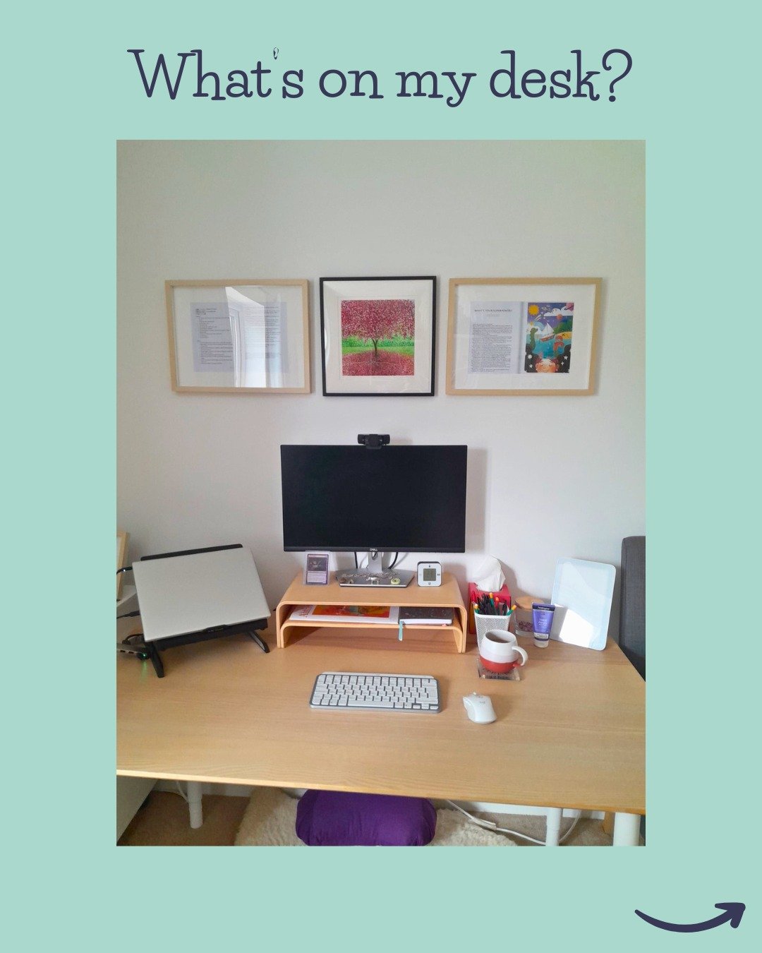 Here's a little bit more about me on this slightly grey Monday morning, with...

What's on my desk? (also, stuff next to, above and under my desk)

Image 1: My desk, with three framed pieces above. Two are published short fiction pieces written by me
