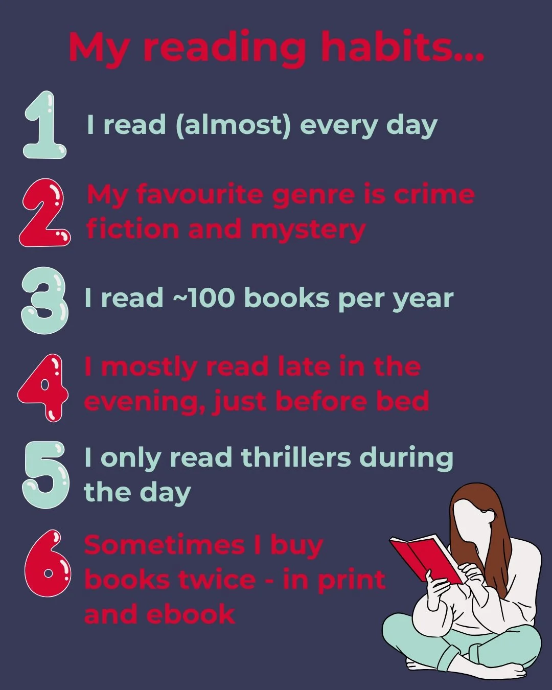 I've been thinking about my reading habits. Some of them feel pretty normal, but some are definitely a bit odd...

1. I read (almost) every day. The only exception is if I'm too tired, because I will read anywhere if I have a spare minute!

2. My fav