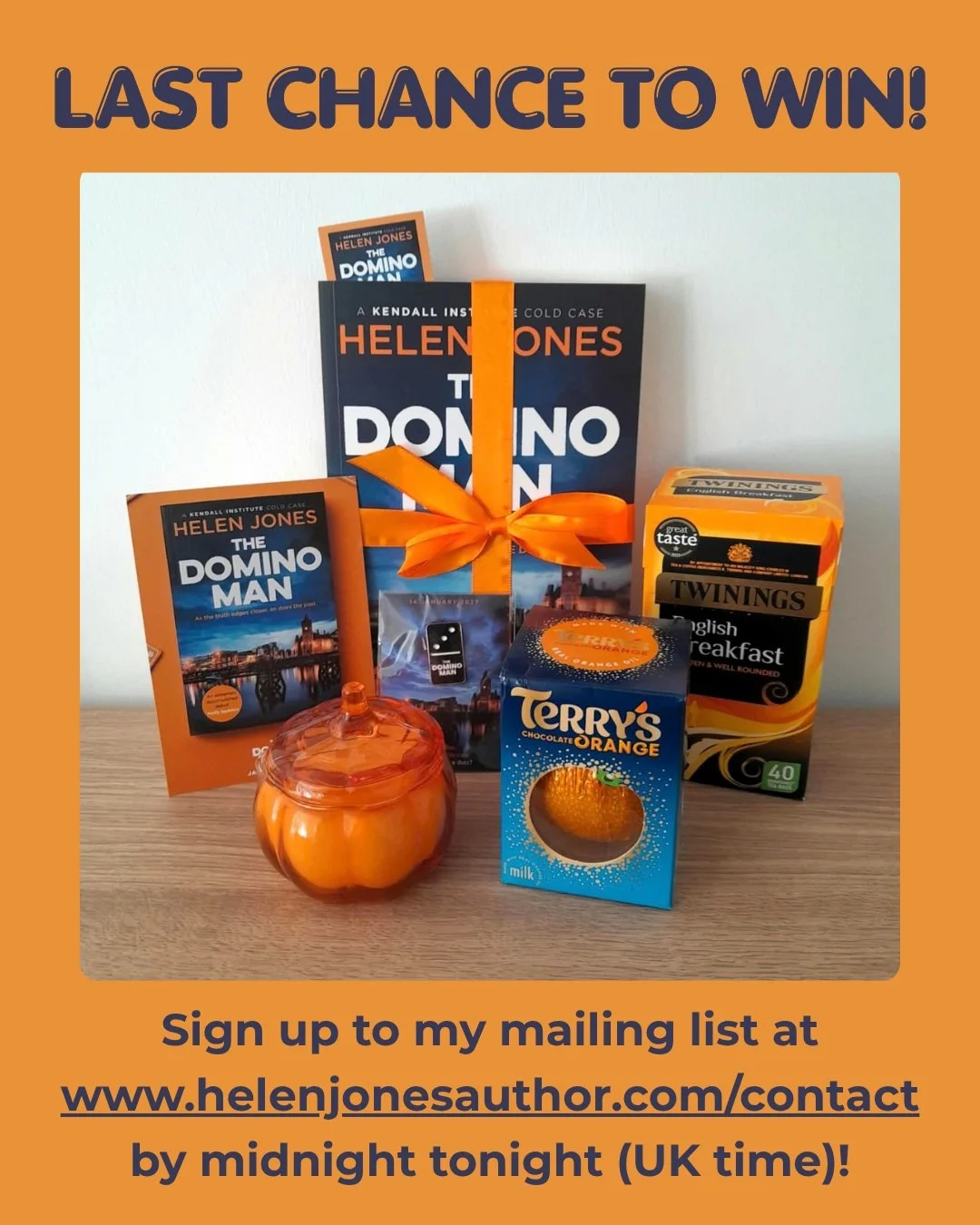 This is your final call to win this fabulous orange-and-blue themed Autumn Bundle!

Featuring: 
* A proof copy of The Domino Man
* Promotional bookmark, postcard and enamel pin
* Pumpkin scented and shaped candle
* Terry's Chocolate Orange
* Twining'
