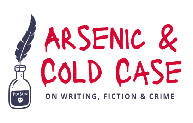 Logo for 'Arsenic & Cold Case' blog, featuring a poison bottle with a feather quill in navy blue, plus the title 'Arsenic and Cold Case' in a red, dripping font. Subtitle reads 'on writing, fiction and crime'.