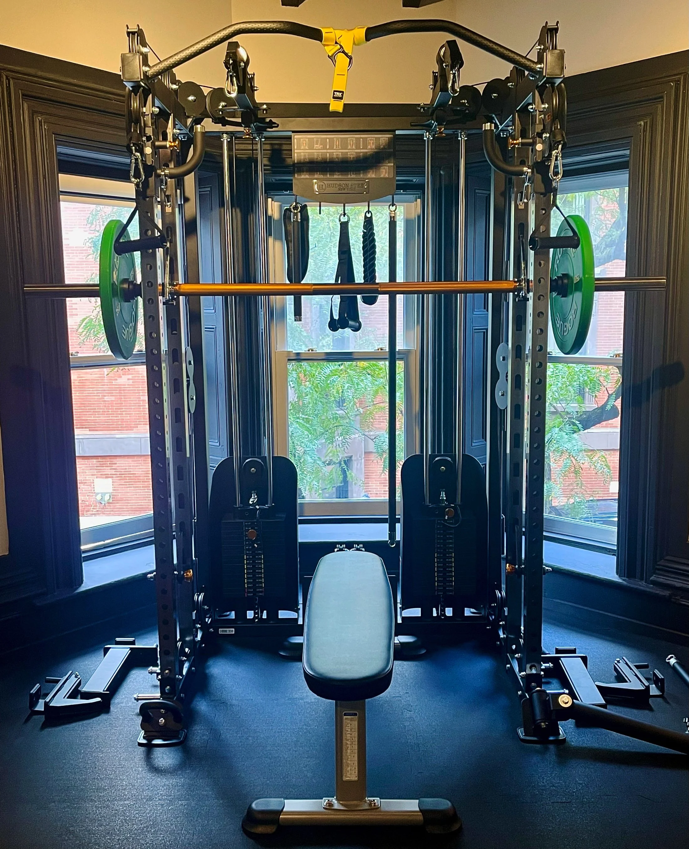A home gym setup with a power rack, weightlifting barbell, green weight plates, and a black bench, located in front of windows with trees outside.