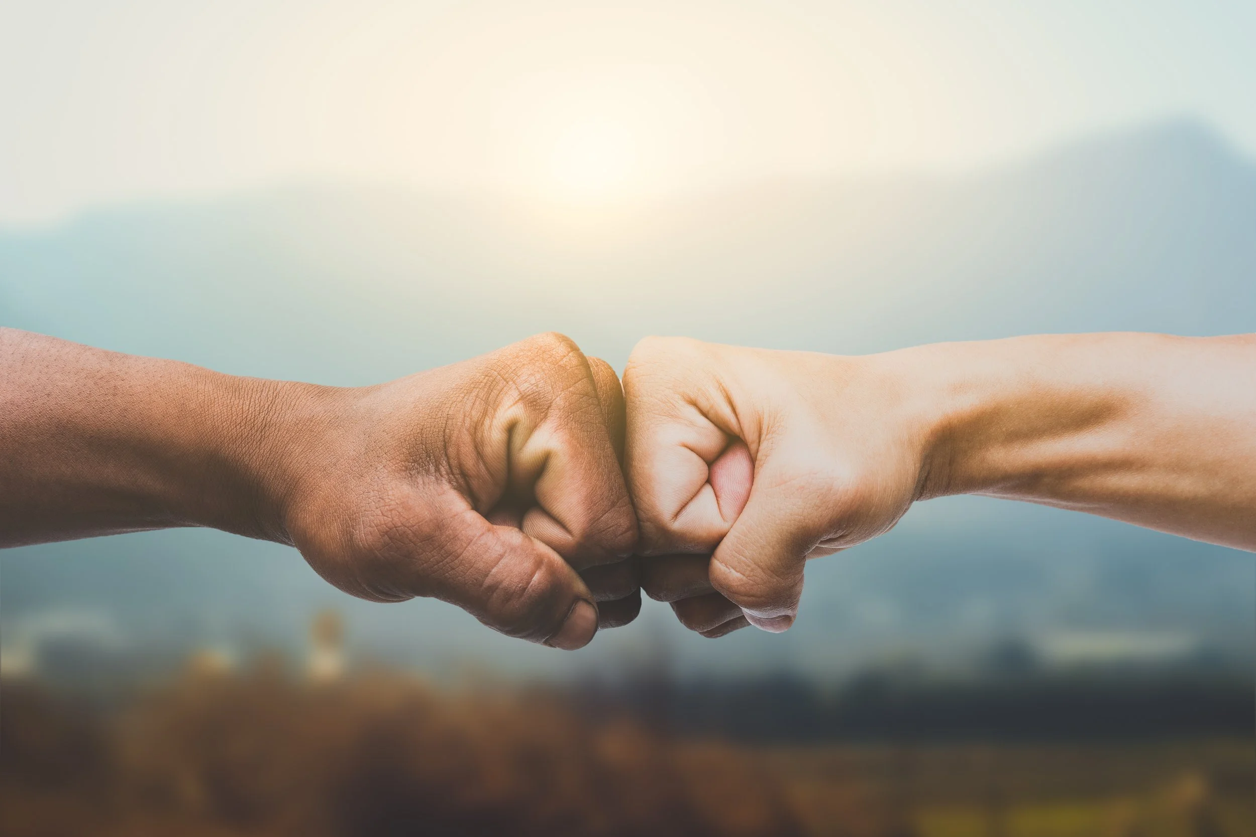Two people with different skin tones fist bumping outdoors with a blurred landscape and sky in the background.