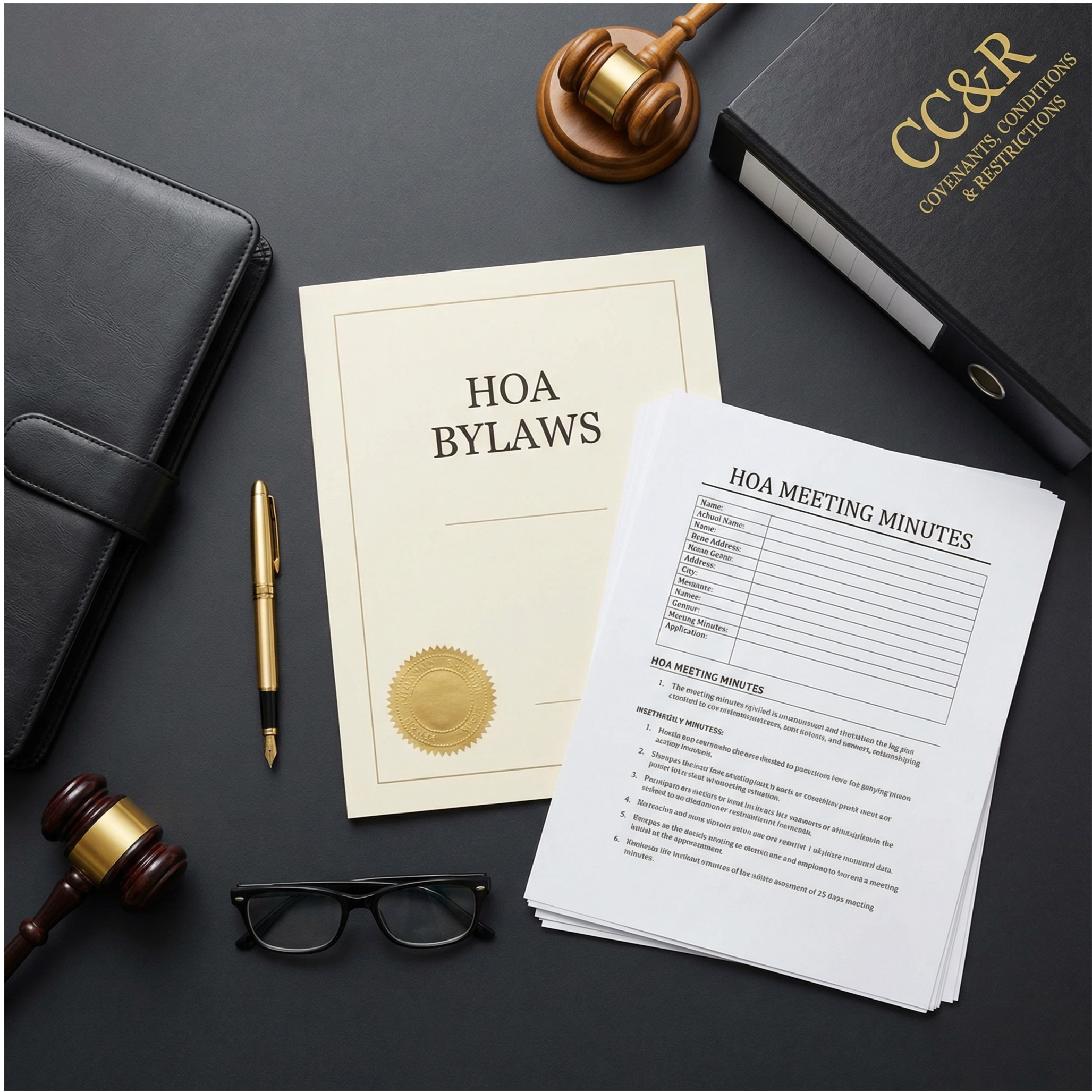 HOA legal documents including bylaws CC&Rs and meeting minutes with gavel representing homeowners association governance