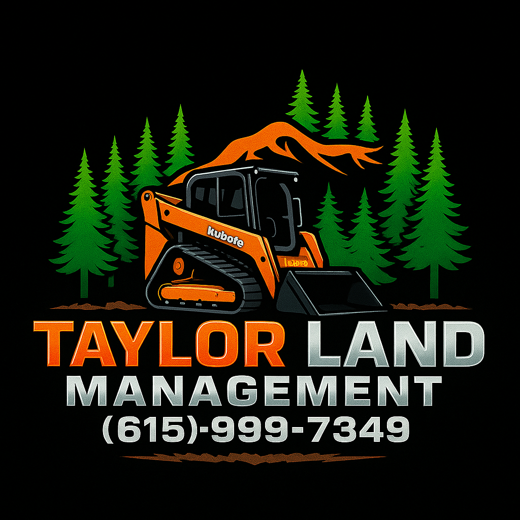 Logo for Taylor Land Management featuring a Kubota construction vehicle with green pine trees and background mountains, along with the company name, phone number, and a black background.