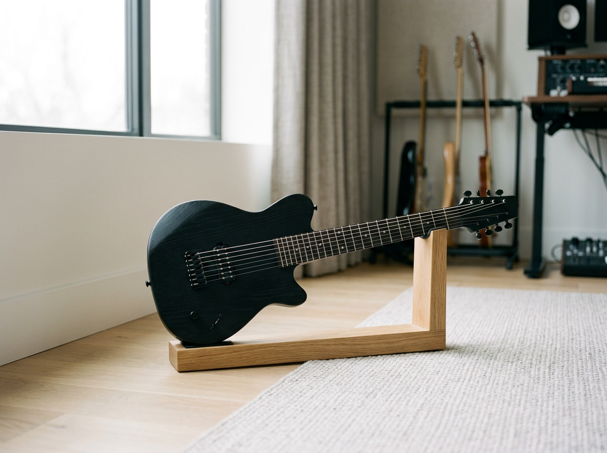 Black electric guitar on a wooden stand in a music studio, with other guitars and music equipment in the background.
