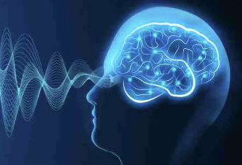 Digital illustration of a human head with an illuminated brain and sound waves emanating from the mouth.