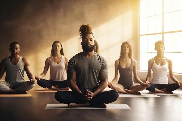 A group of five diverse people practicing yoga in a studio with large windows and warm lighting.