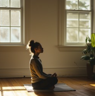A woman practicing yoga in a sunlit room.
