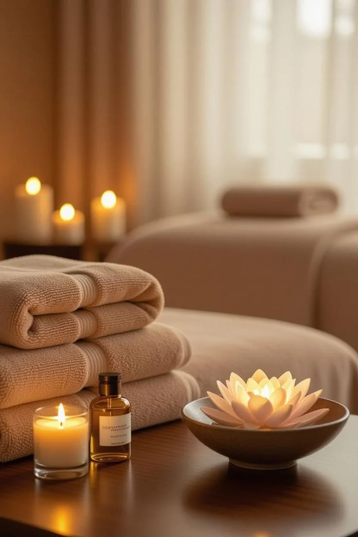 Spa or massage room with neatly folded towels, lit candles, and a decorative flower-shaped candle holder creating a relaxing atmosphere.