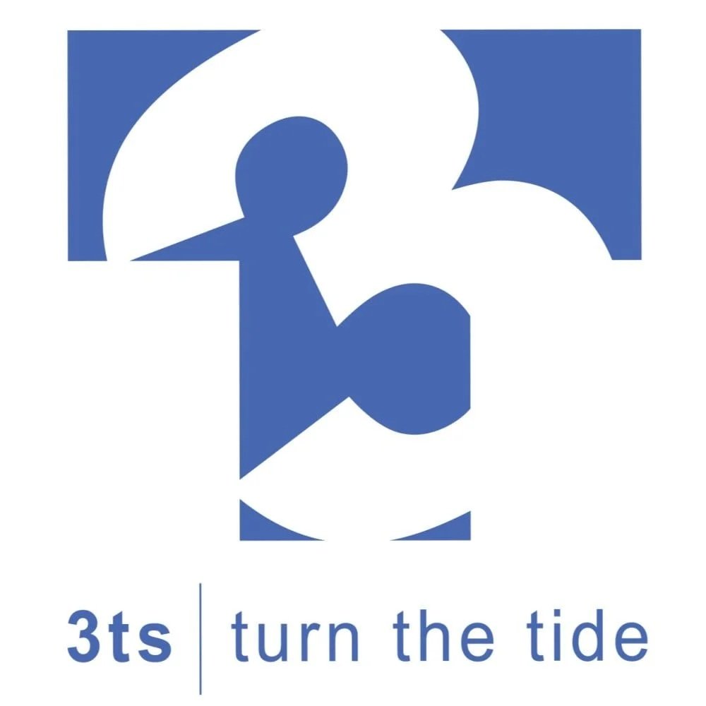 A stylized graphic with the number 3 in blue and white, and the text "3ts turn the tide" below it.