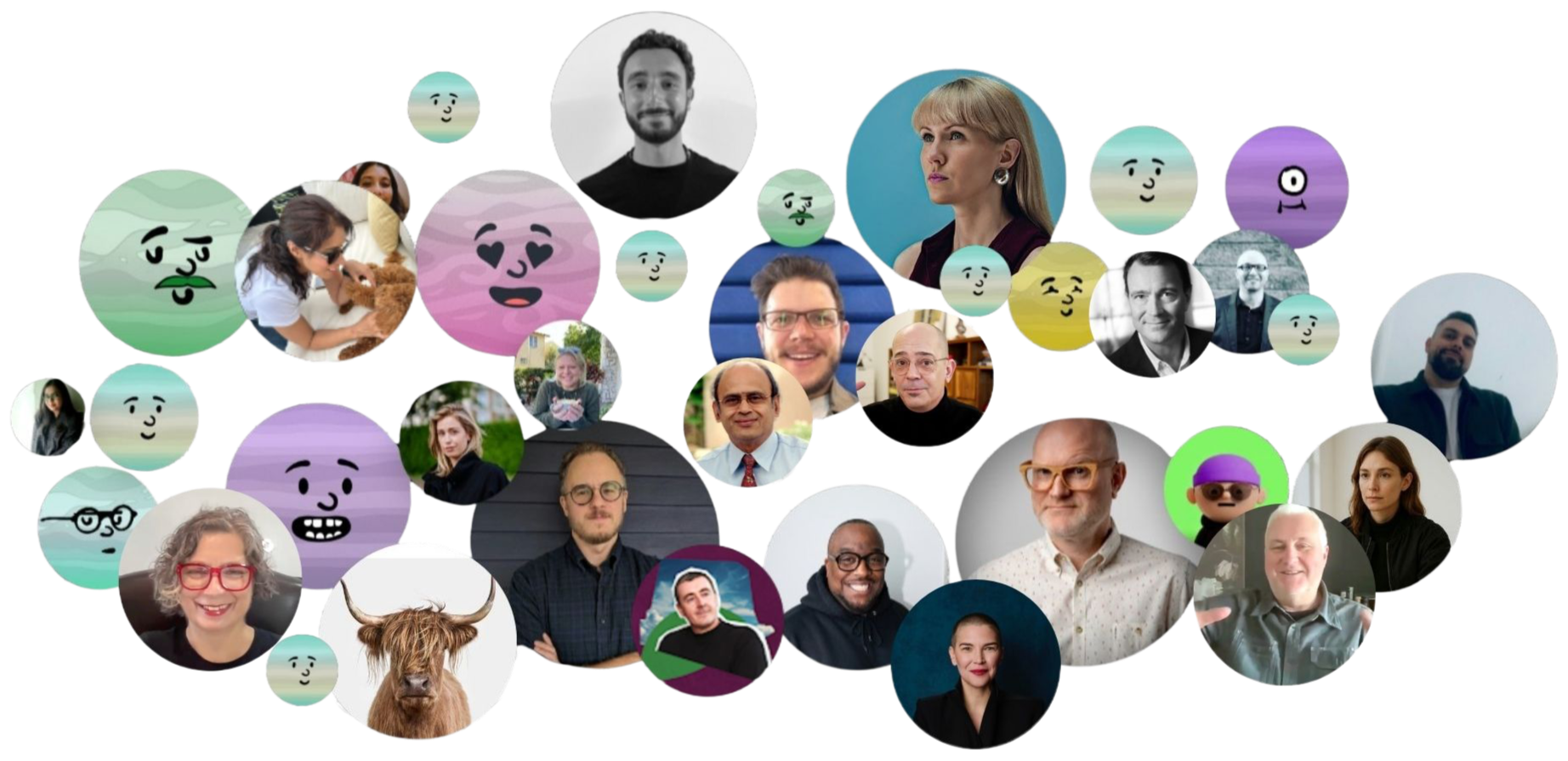 Collage of various people, animals, and cartoon characters in circular frames, including a woman petting a dog, a man smiling, a woman with glasses, a cartoon face with heart eyes, a cow, and others, arranged in a scattered pattern.