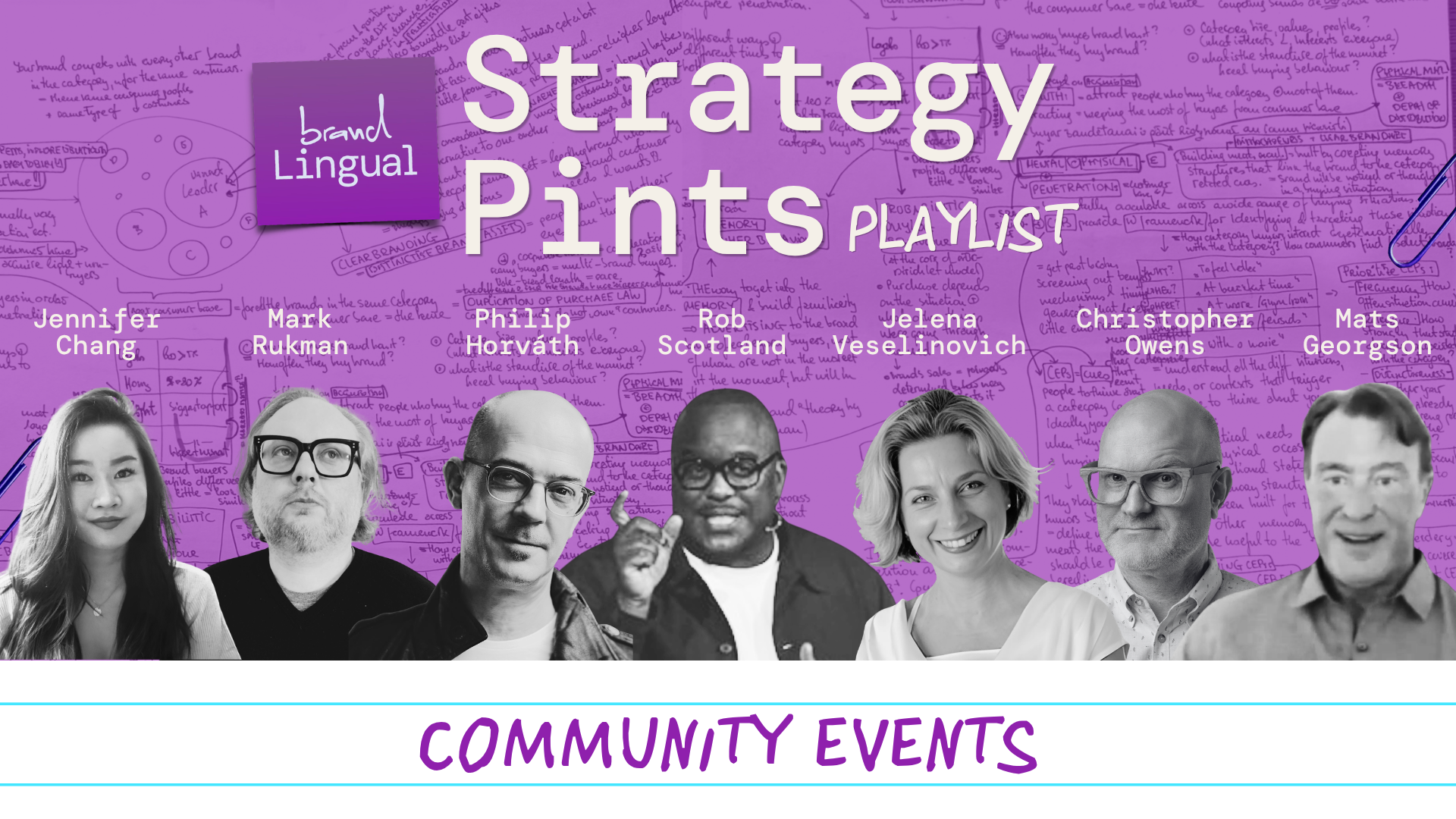 Poster advertising a strategy planning playlist for community events. Features six diverse speakers, various handwritten notes and diagrams in the background, and large text reading 'Strategy Plan Playlist'. The poster includes a purple background, the word 'brand' and 'LIngual' in a purple square, and a footer indicating 'Community Events'.
