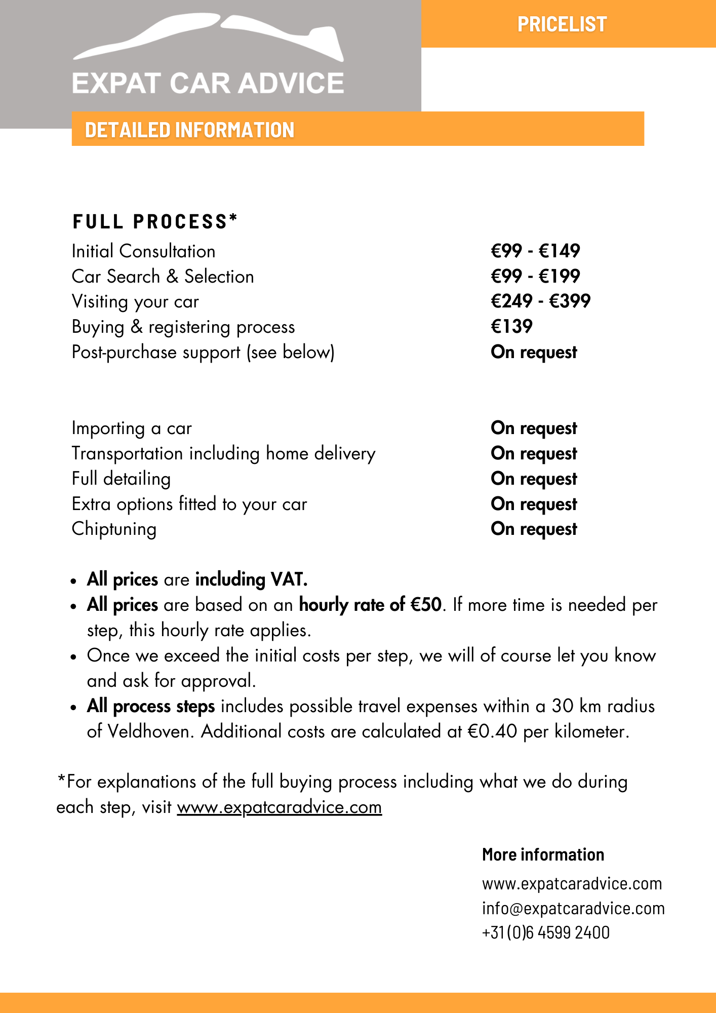 A price list for Expat Car Advice detailing services, including initial consultation, car search and selection, visiting the car, buying and registering, with additional services available upon request.
