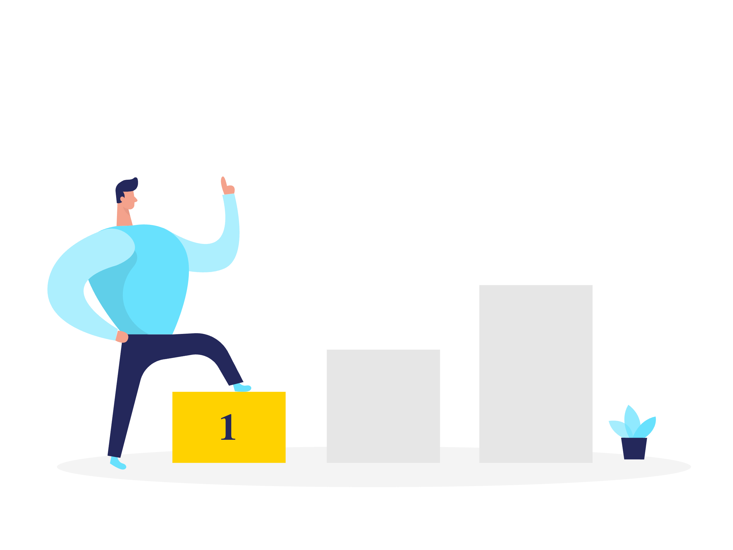 A cartoon man standing on a yellow podium marked with a number one, with other gray podiums beside him. He's lifting his right index finger as if celebrating victory, with a small potted plant nearby.