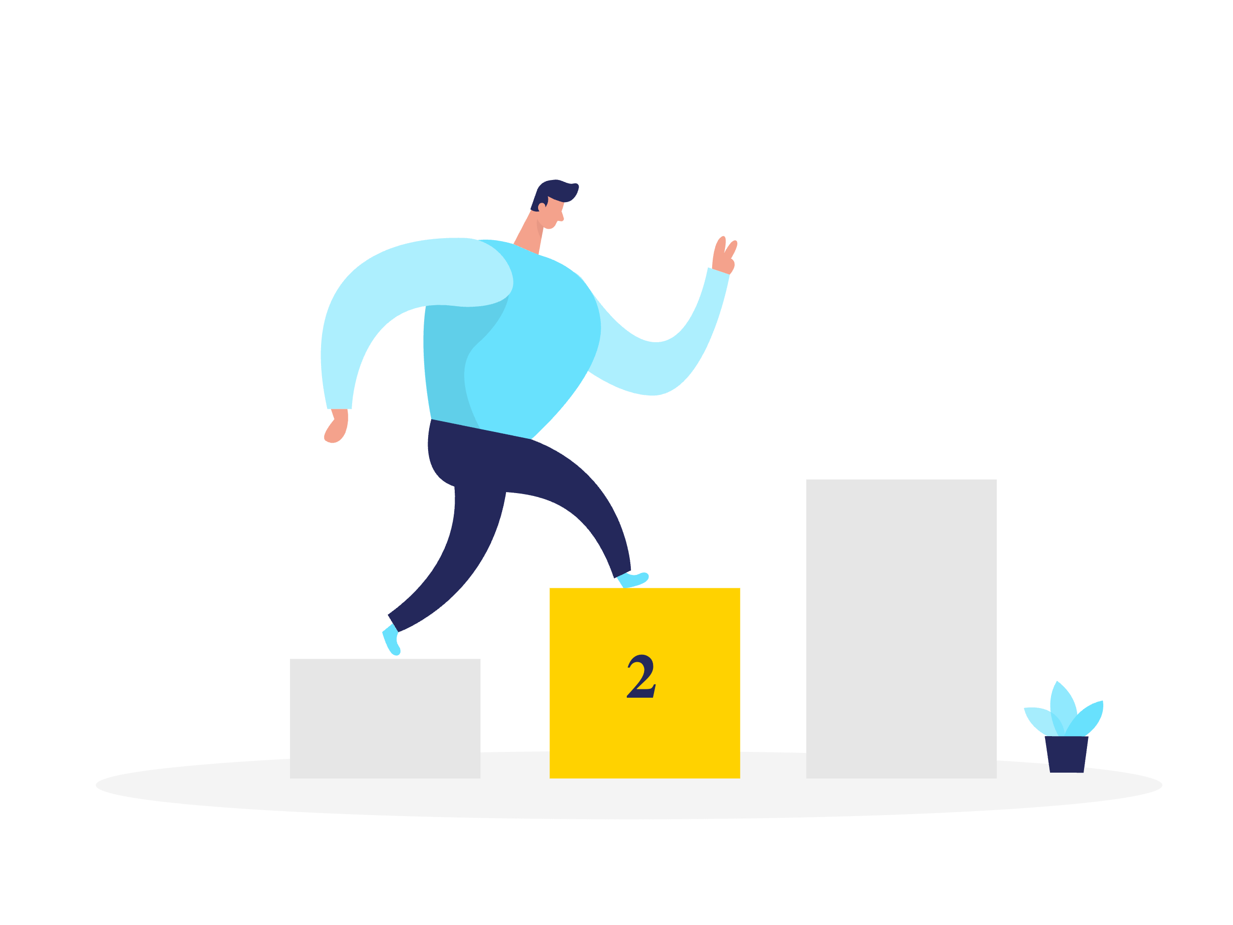 Illustration of a person running on a winners' podium with places marked 1 and 2, and a small potted plant nearby.
