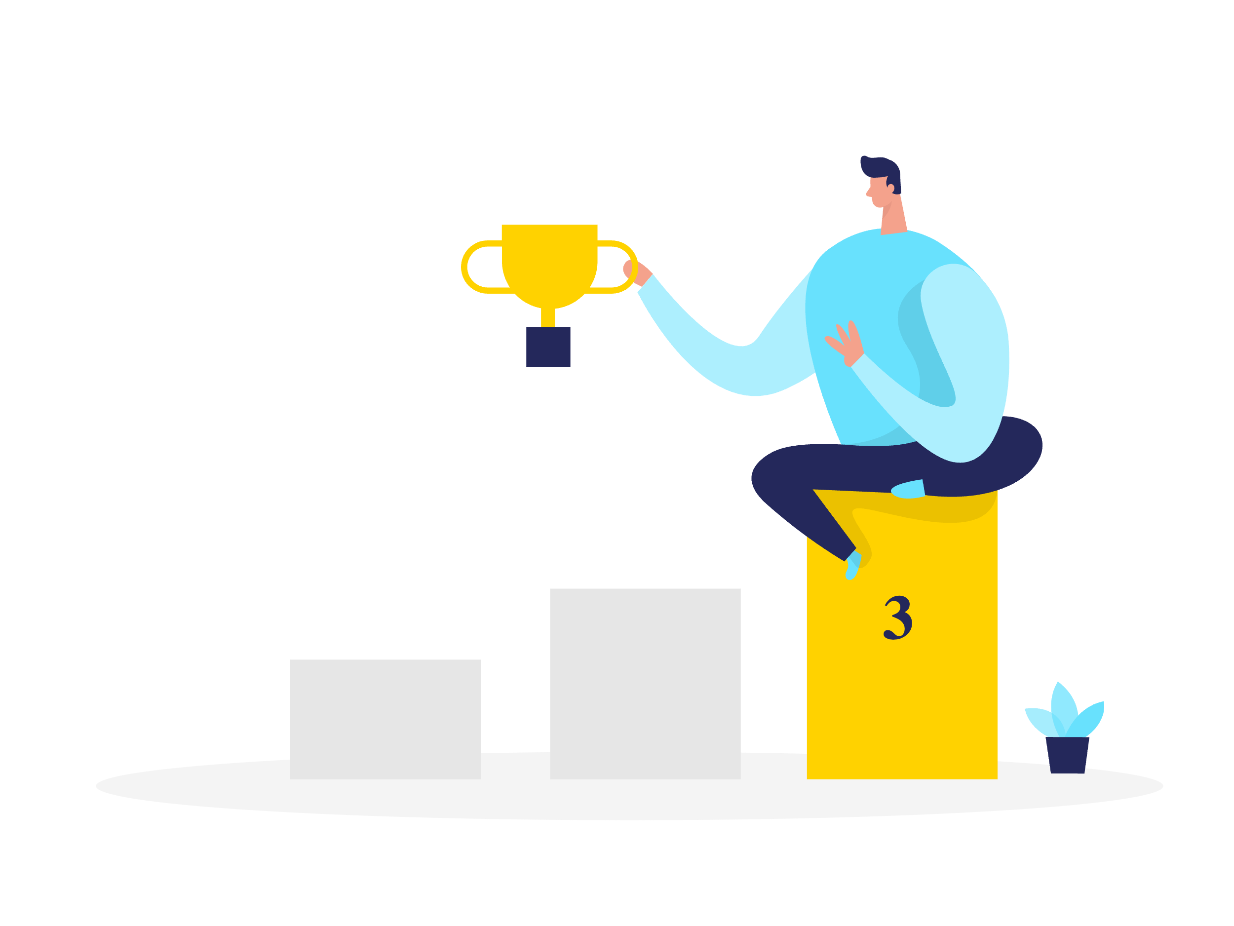 Illustration of a person sitting on a winners' podium marked #3, holding a gold trophy in their right hand, with a small potted plant nearby.