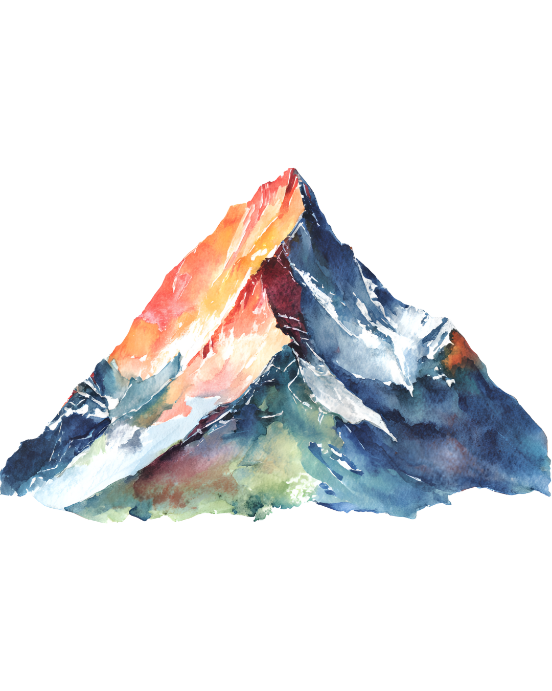 Watercolor painting of a mountain with snow-capped peaks and colorful highlights.