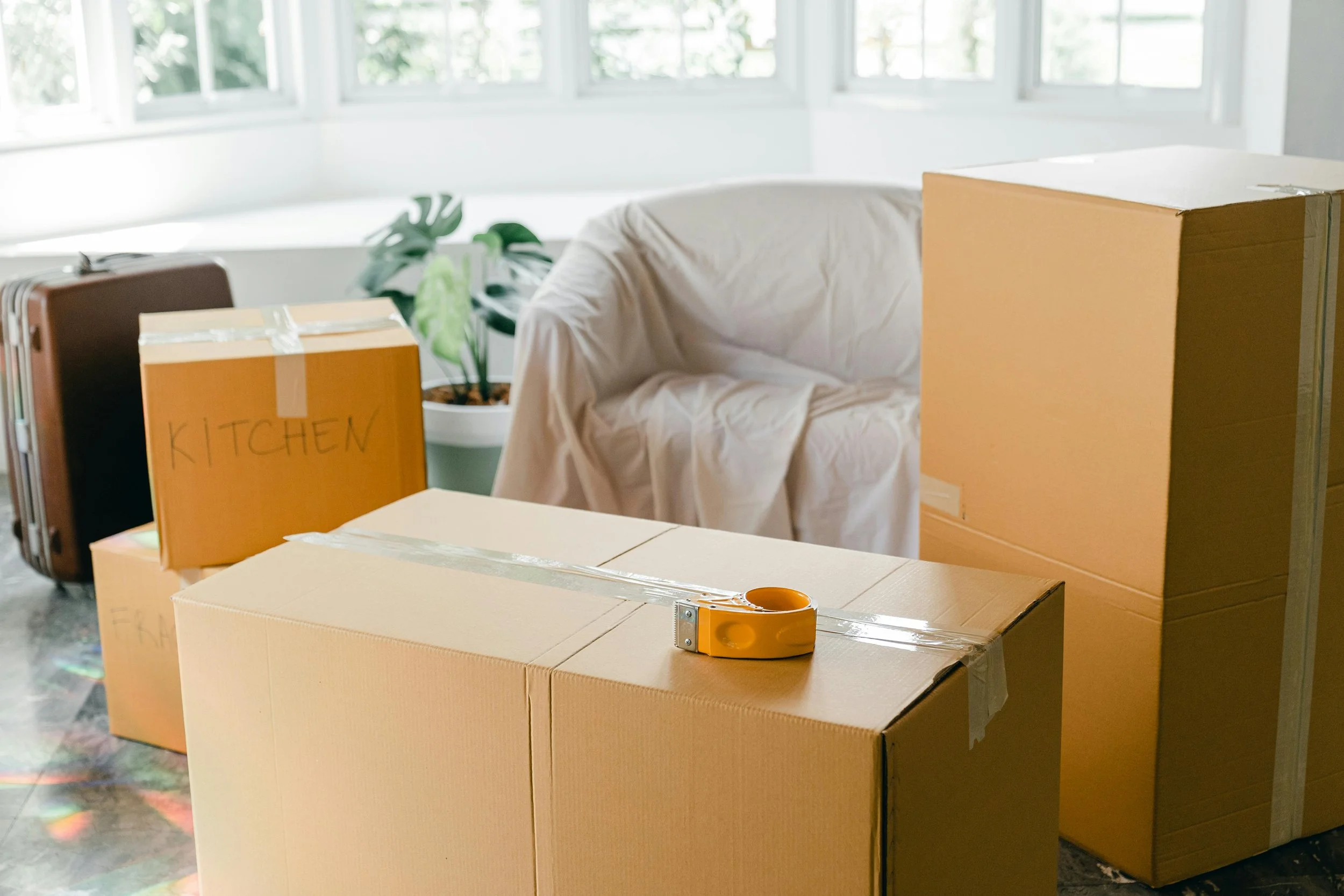 Room with moving boxes, a suitcase, a plant, a white covered sofa, and a white chair with a blanket, near large windows letting in natural light.