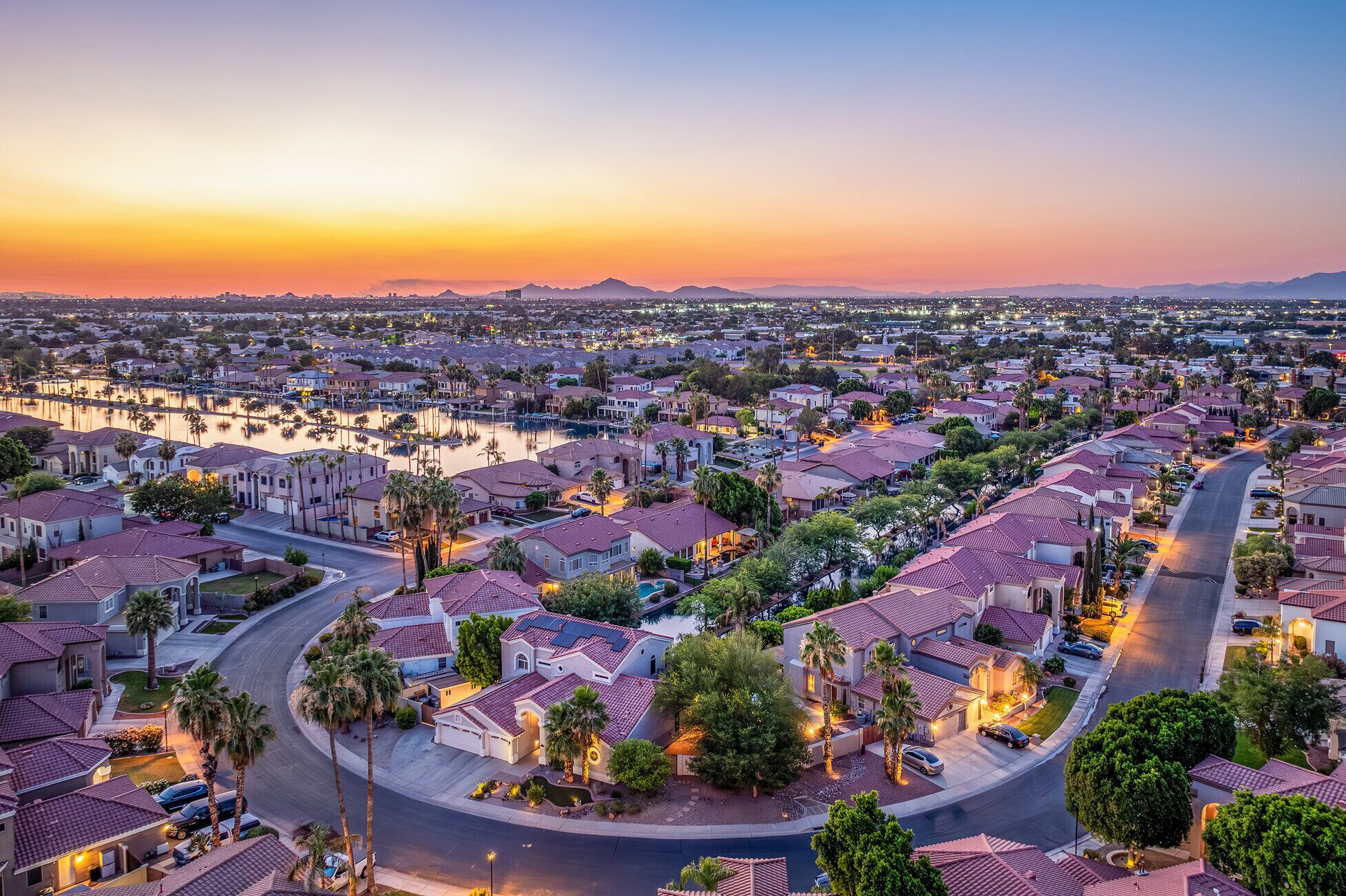 An aerial shot of a suburban neighborhood in Gilbert, Arizona