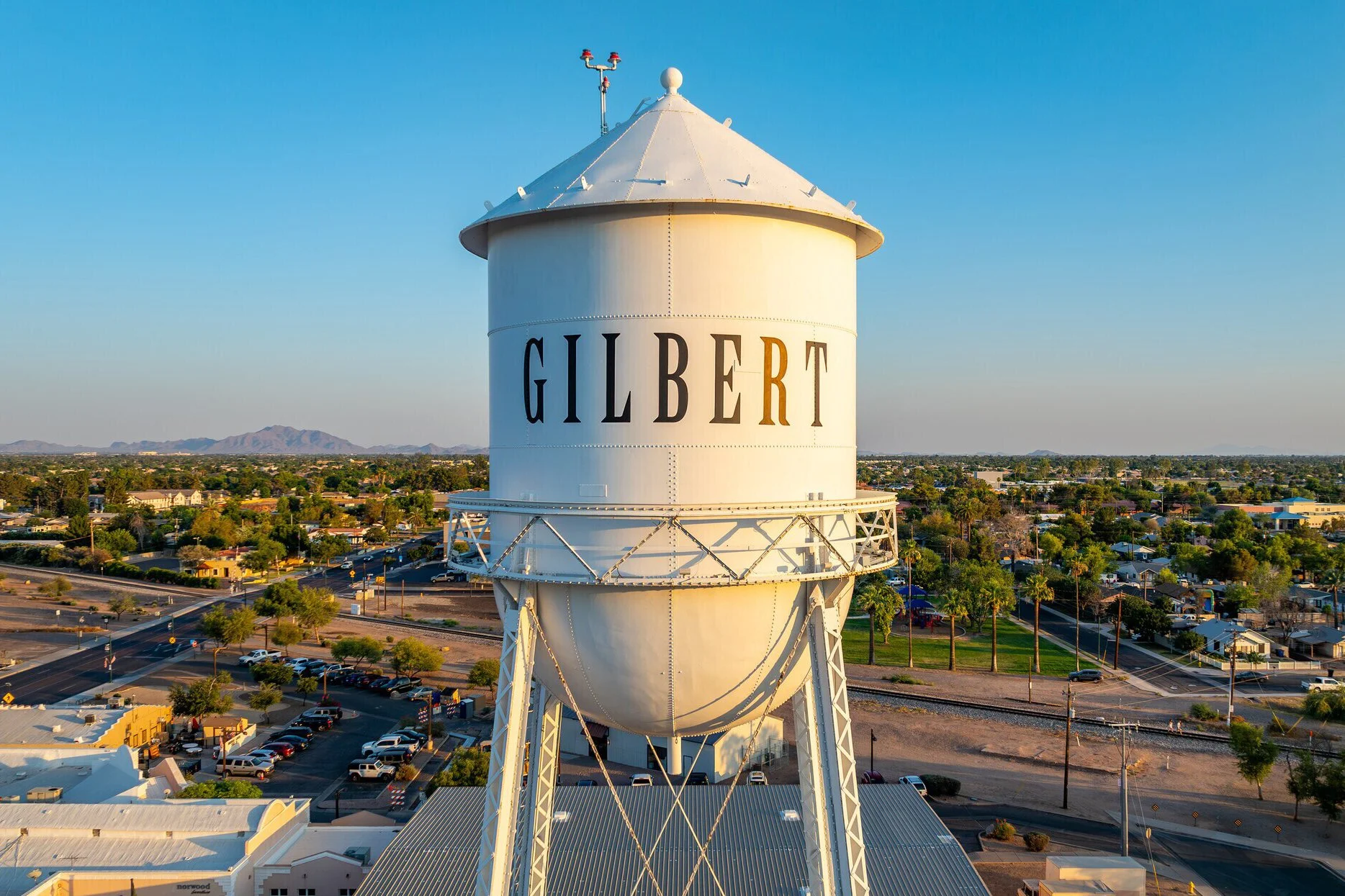 An aerial shot of downtown Gilbert, Arizona