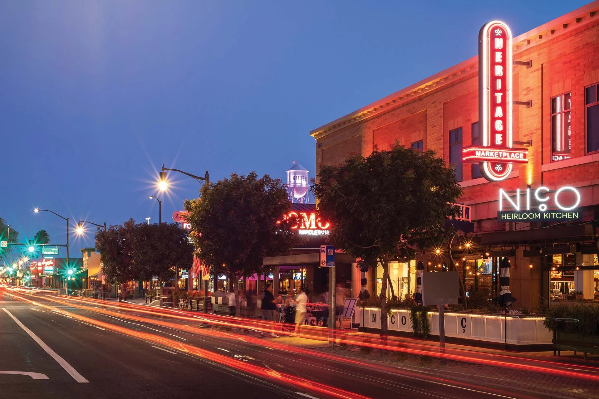 The Heritage district at night in Gilbert, Arizona