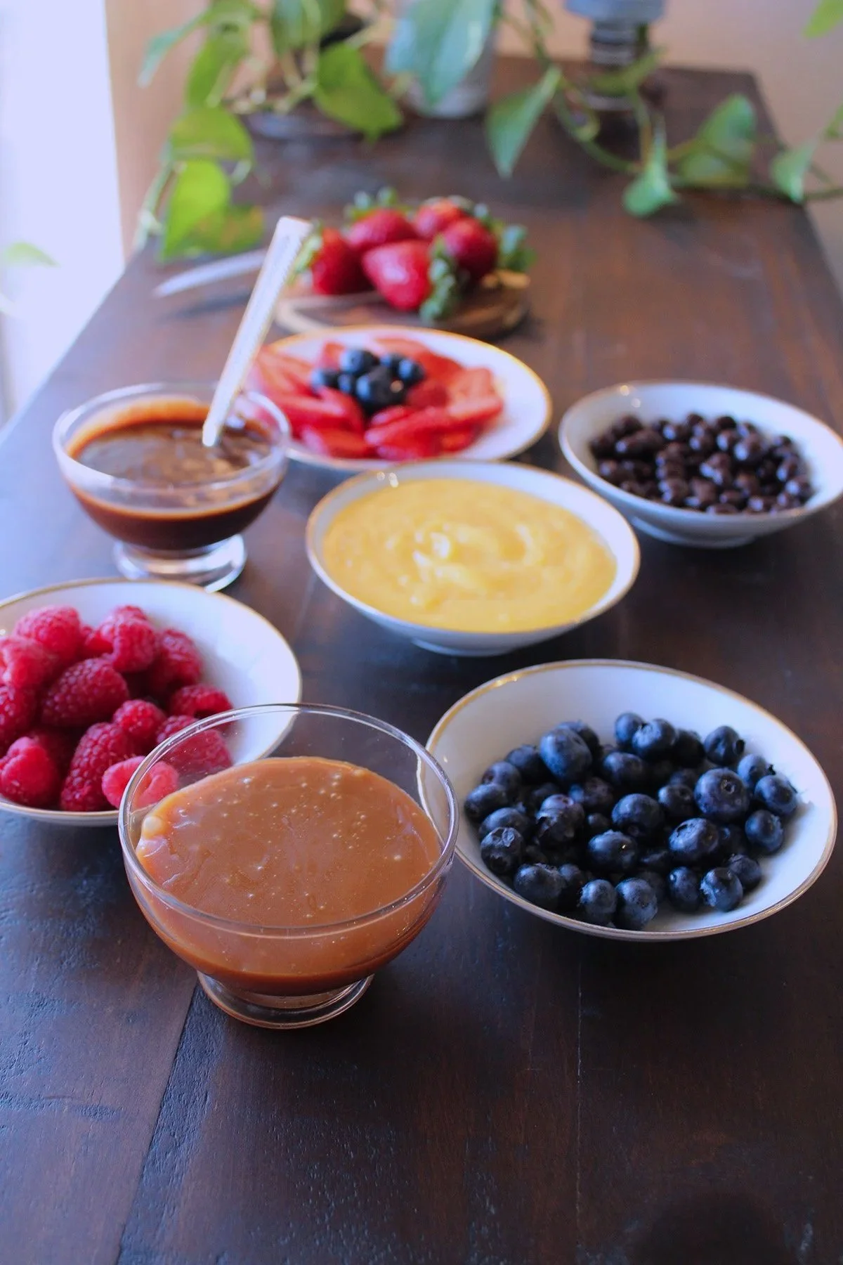 Blueberries, raspberries, strawberries, lemon, chocolate and caramel.
