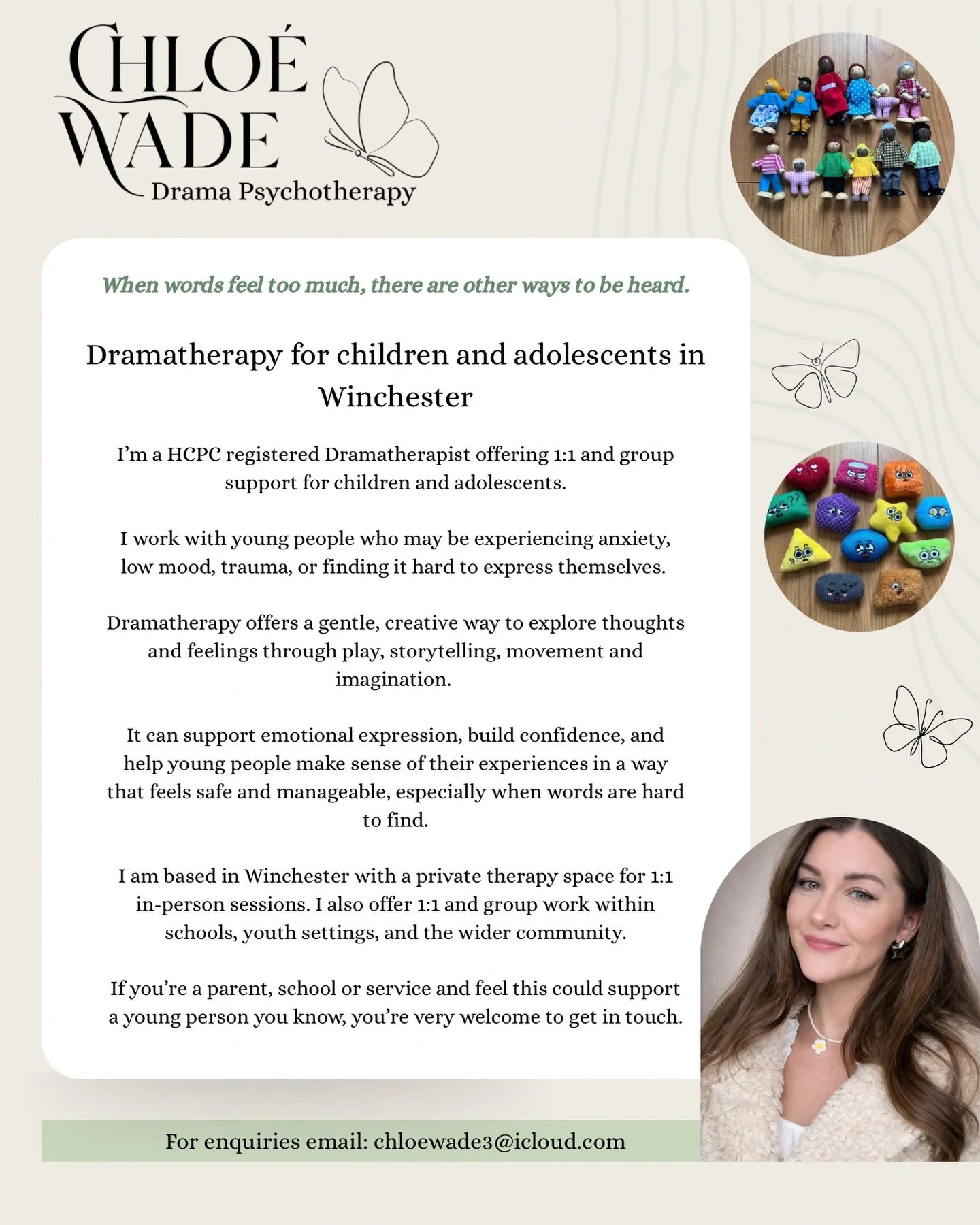 Lots of exciting change coming in May! 
I am moving to Winchester and now offering Dramatherapy for children and young people in Winchester and surrounding areas. 

I&rsquo;m a HCPC registered Dramatherapist with a private therapy space for 1:1 sessi