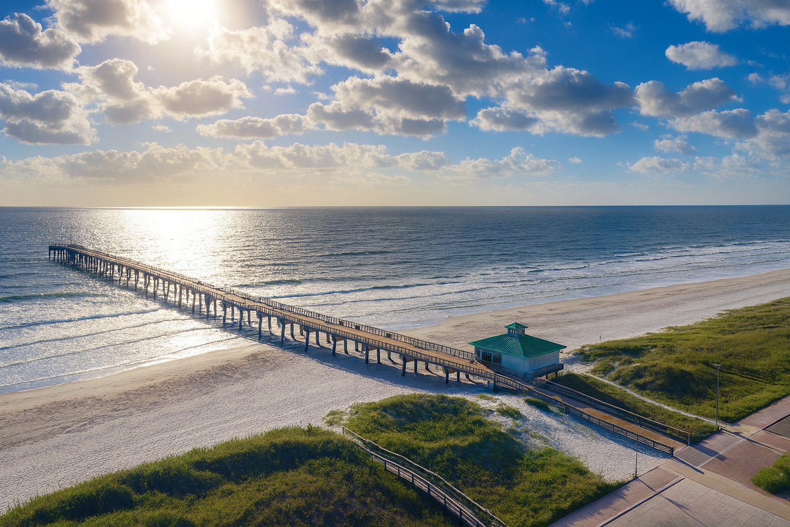Aerial view of the Jacksonville Beach Pier extending into the Atlantic Ocean, with waves and shoreline visible.