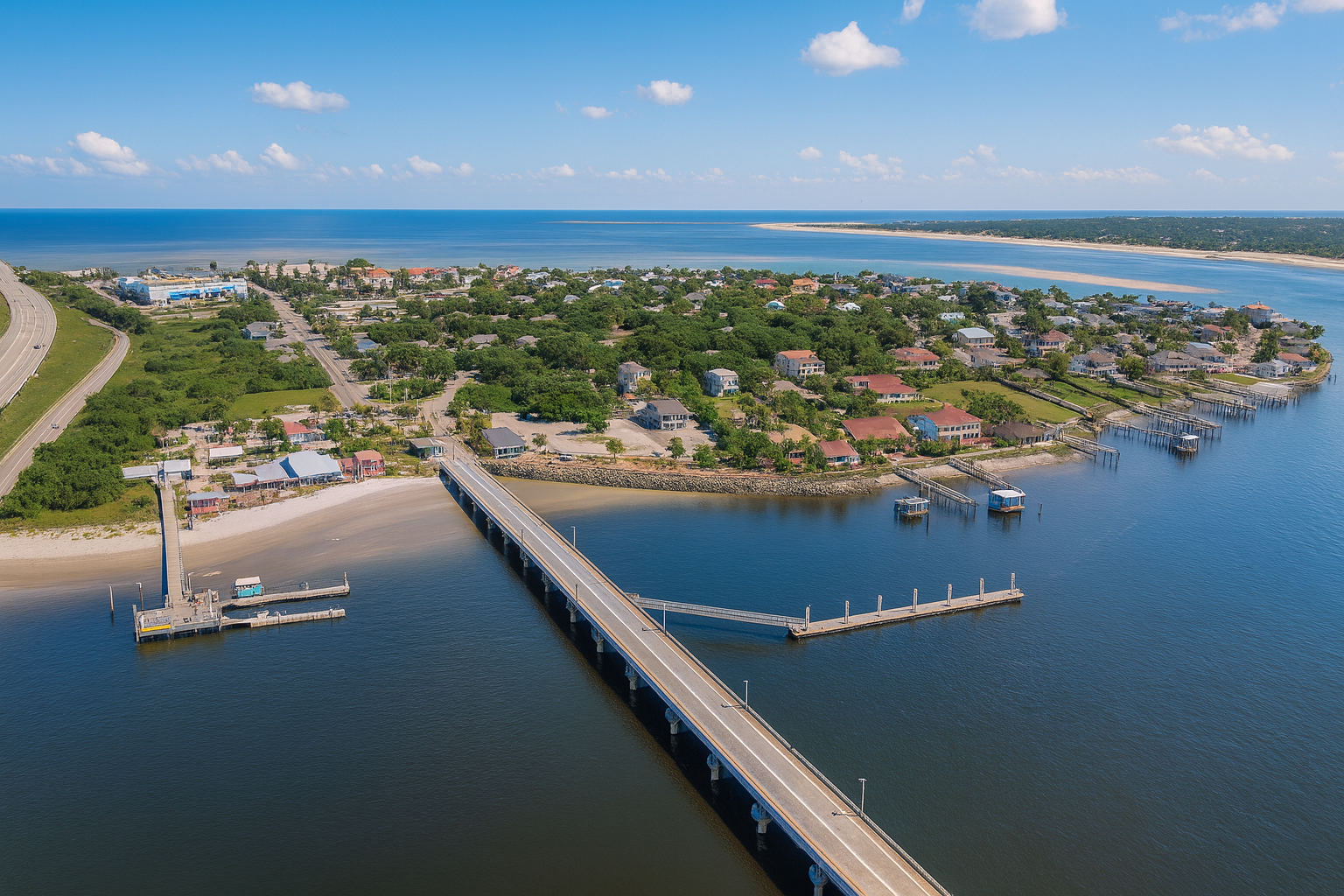 Aerial view of the Vilano Bridge and Vilano Beach, Intracoastal Waterway, and inlet leading to the Atlantic Ocean.