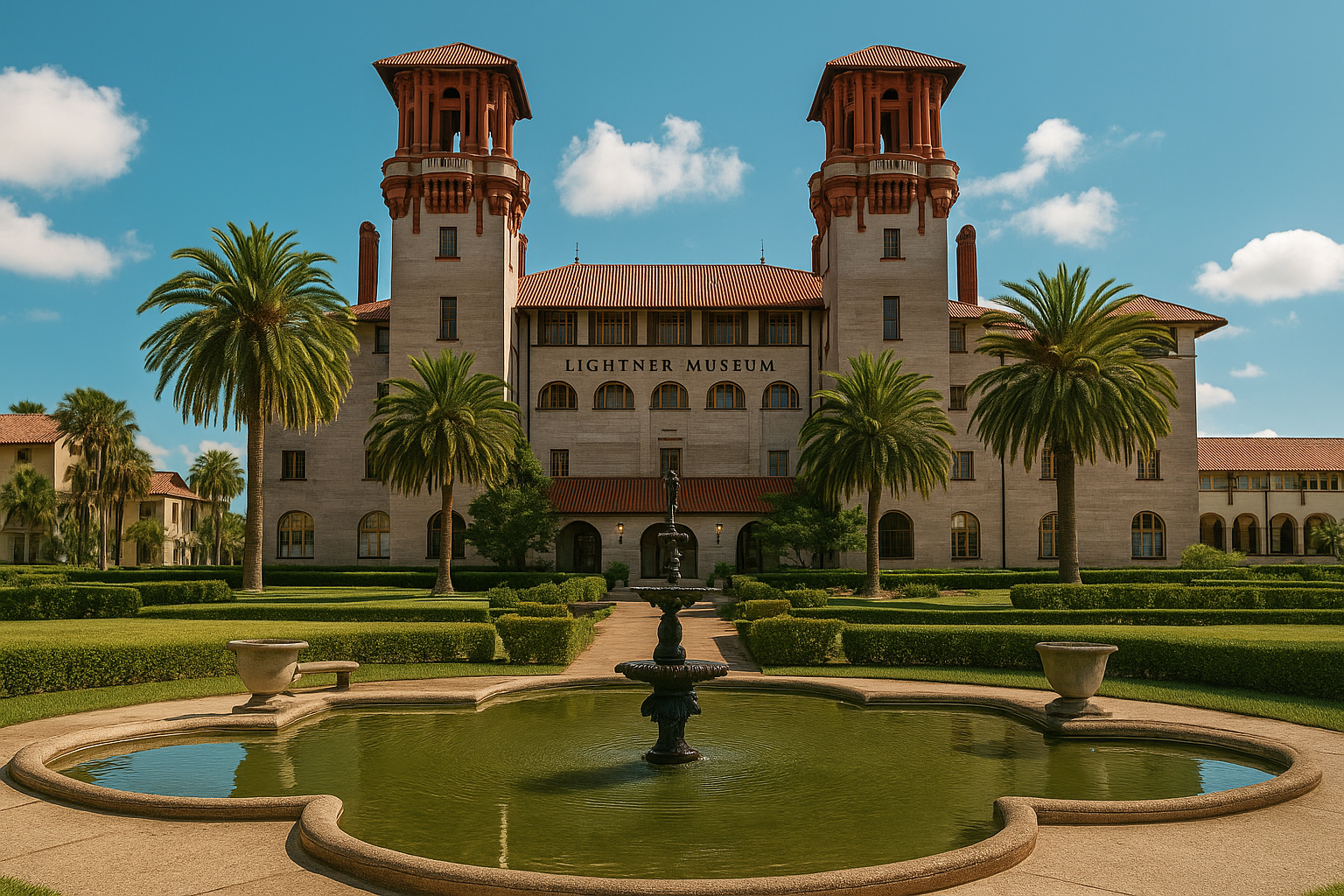 The Lightner Museum in downtown St. Augustine, framed by the courtyard fountain, palm trees, and historic architecture.