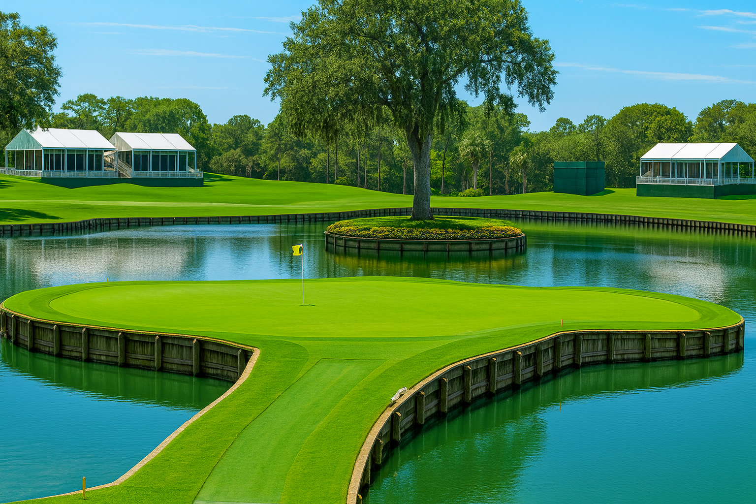 Aerial view of the TPC Sawgrass 17th-hole island green in Ponte Vedra Beach, Florida.