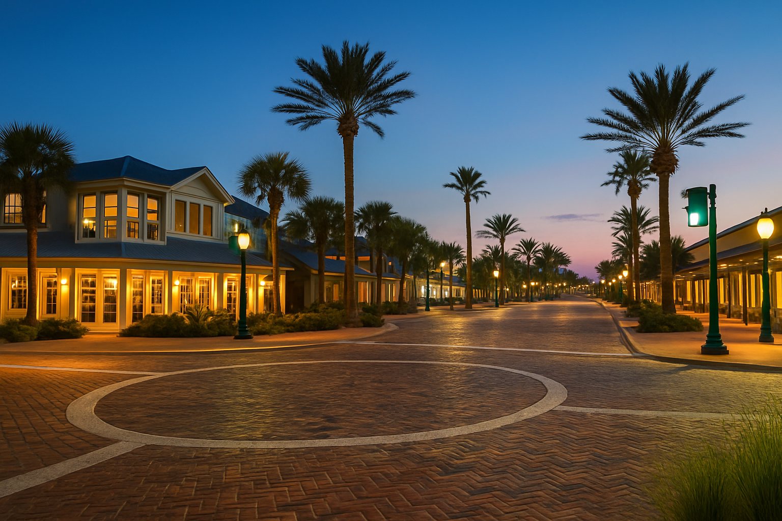 Neptune Beach town center at dusk with palm trees and shops.
