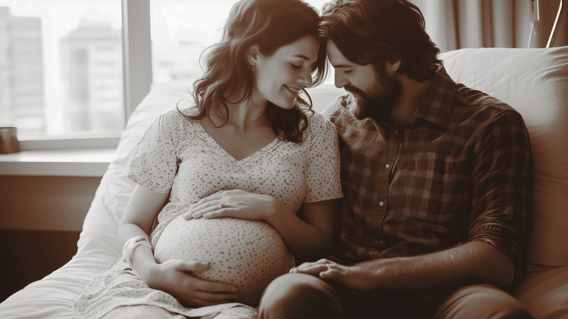 Parents sitting on bed sharing a calm moment touching heads, holding pregnancy bump