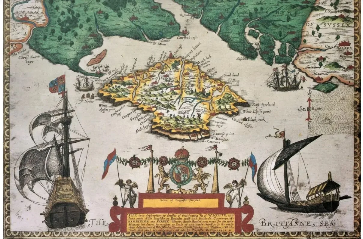 An old map of the Isle of Wight and surrounding areas, featuring illustrations of ships, coats of arms, and decorative elements.