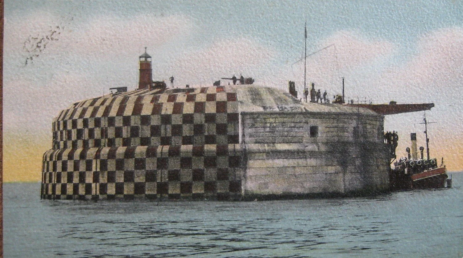 Painting of a large, old ship with a checkered pattern on its side, docked near a harbor with a lighthouse in the background, sky with soft pastel colors.