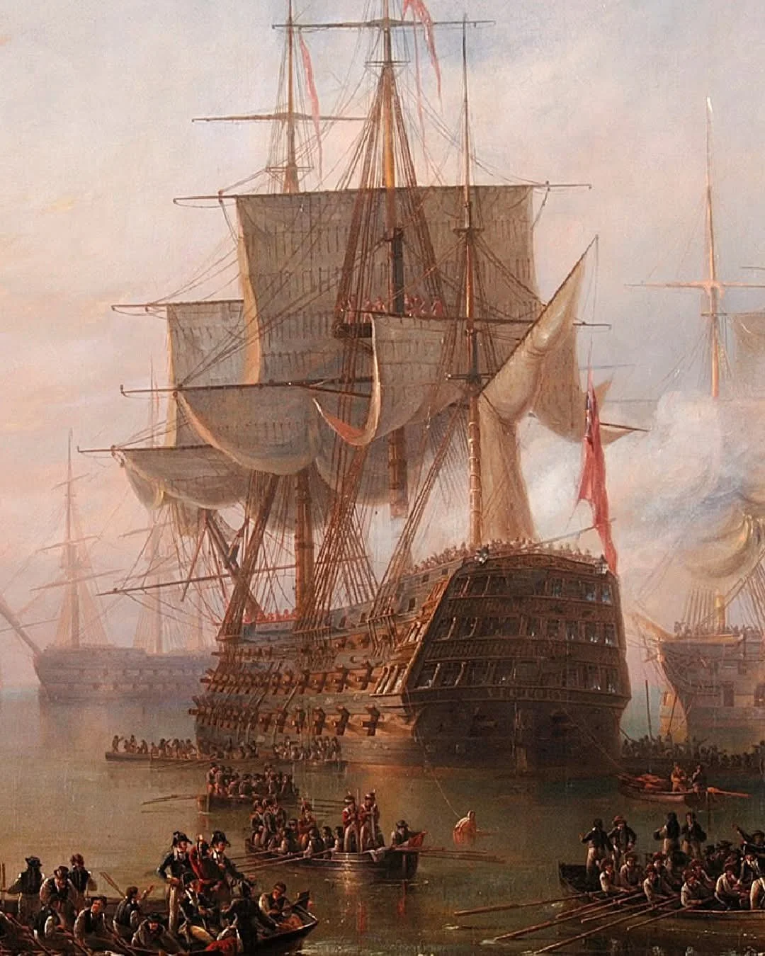 A historic painting depicting large sailing ships with multiple masts and sails, surrounded by smaller boats, during a maritime scene.