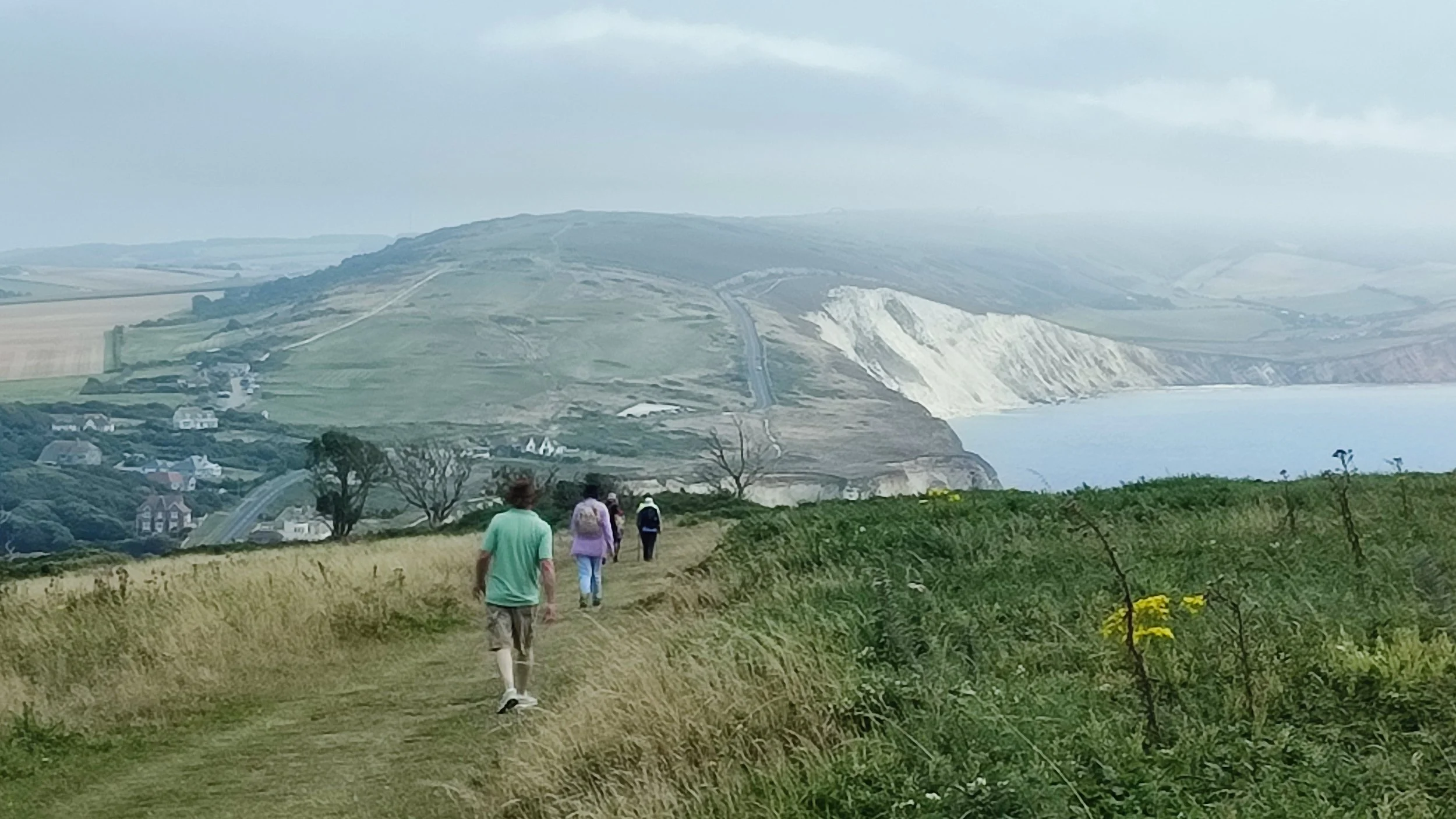 Group of people walking along a grassy coastal trail with cliffs and ocean in the background.