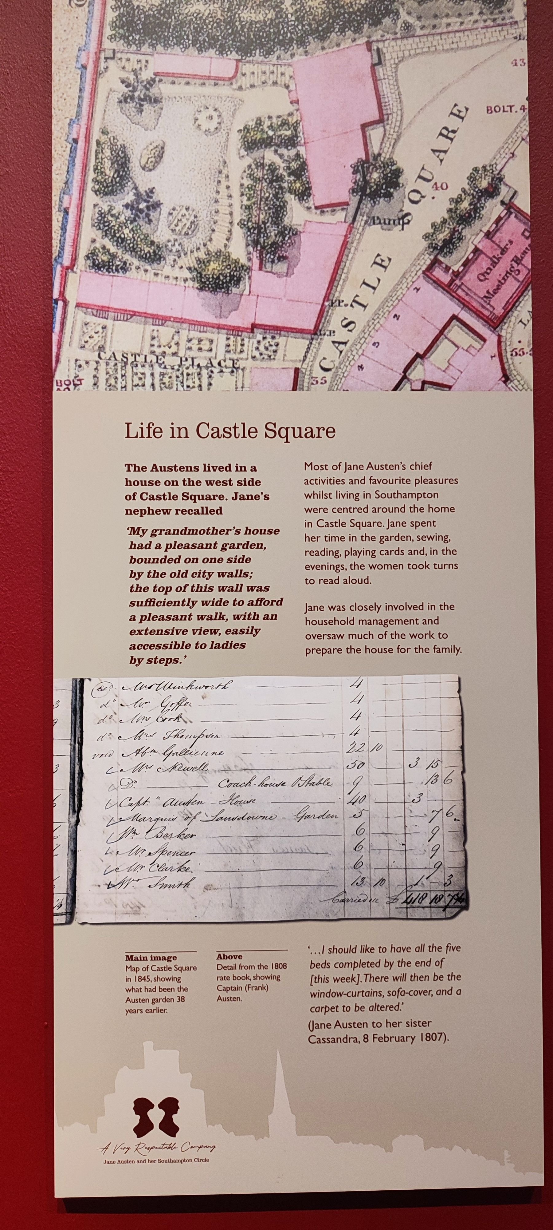 Exhibit panel displaying a historical map of Castle Square, text about Jane Austen's family house, a handwritten 1808 rate book page, and a silhouette graphic of two women.