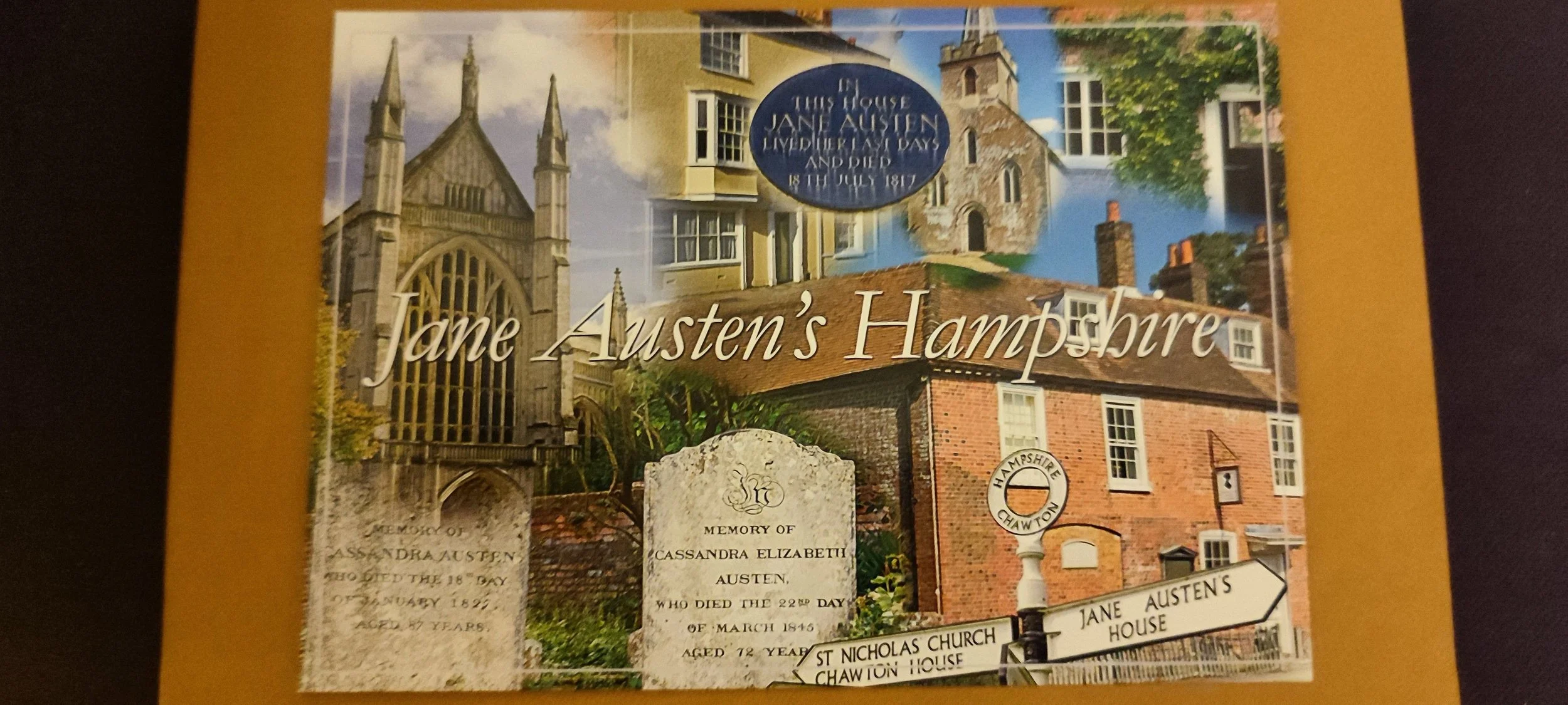 A collage of historic buildings and landmarks in Hampshire, England, featuring Jane Austen's House, a church, and memorial stones, with a blue plaque about her.