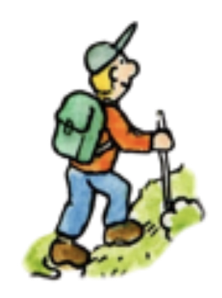 Cartoon of a boy hiking with a backpack and walking stick