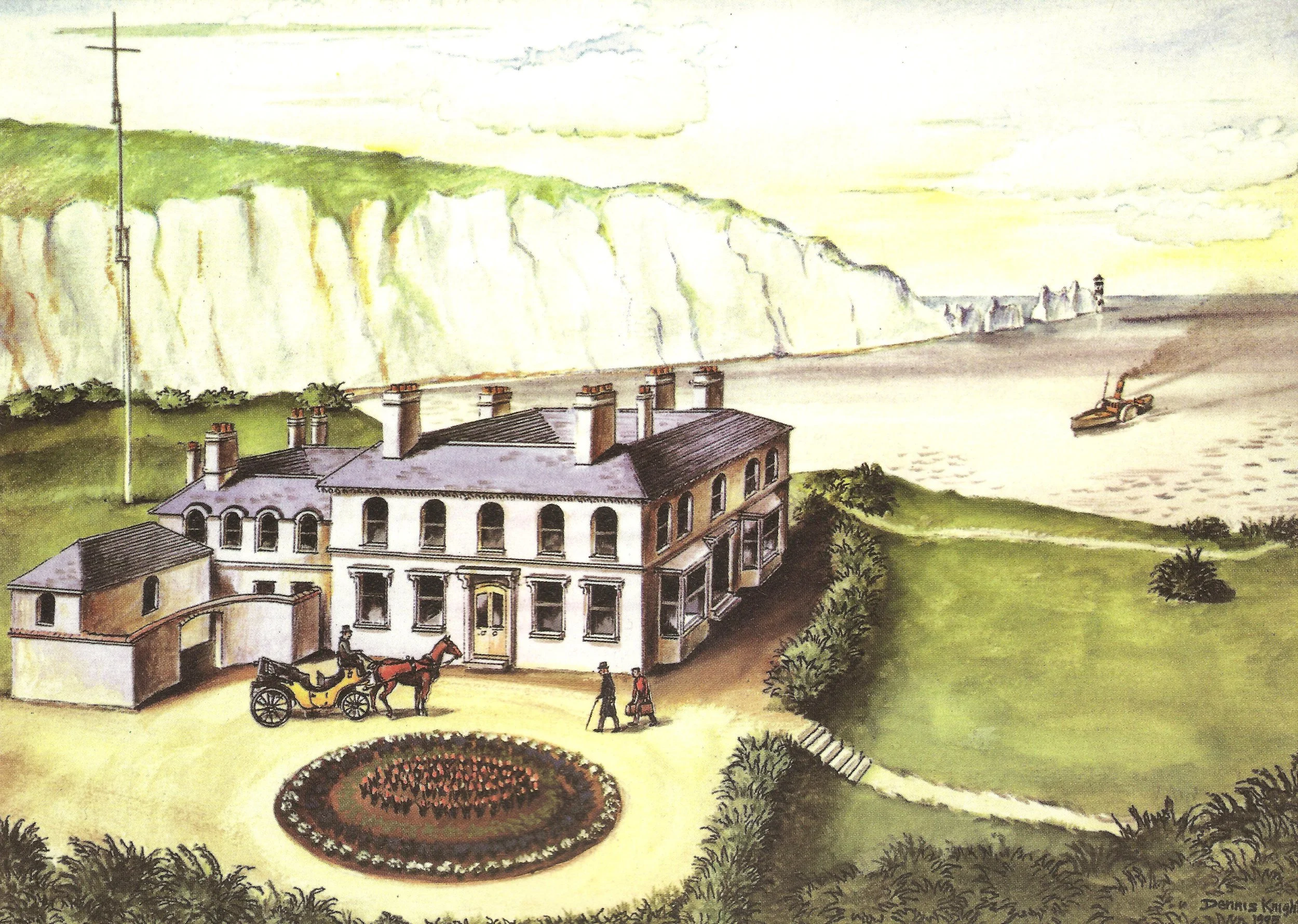 A painted landscape featuring a large historic house with multiple chimneys and a horse-drawn carriage in the front. There is a flower garden in front of the house, a dirt driveway, and two people walking nearby. A river with a boat and a lighthouse are visible in the background, along with white cliffs and green hills.