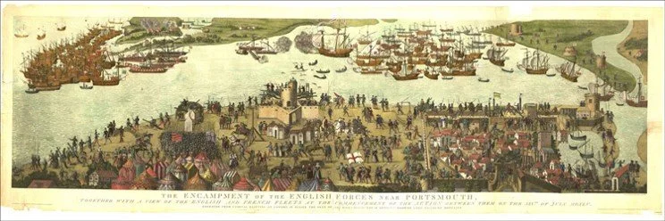 Historical illustration of the English encampment near Portsmouth with ships in the harbor and soldiers on the land.