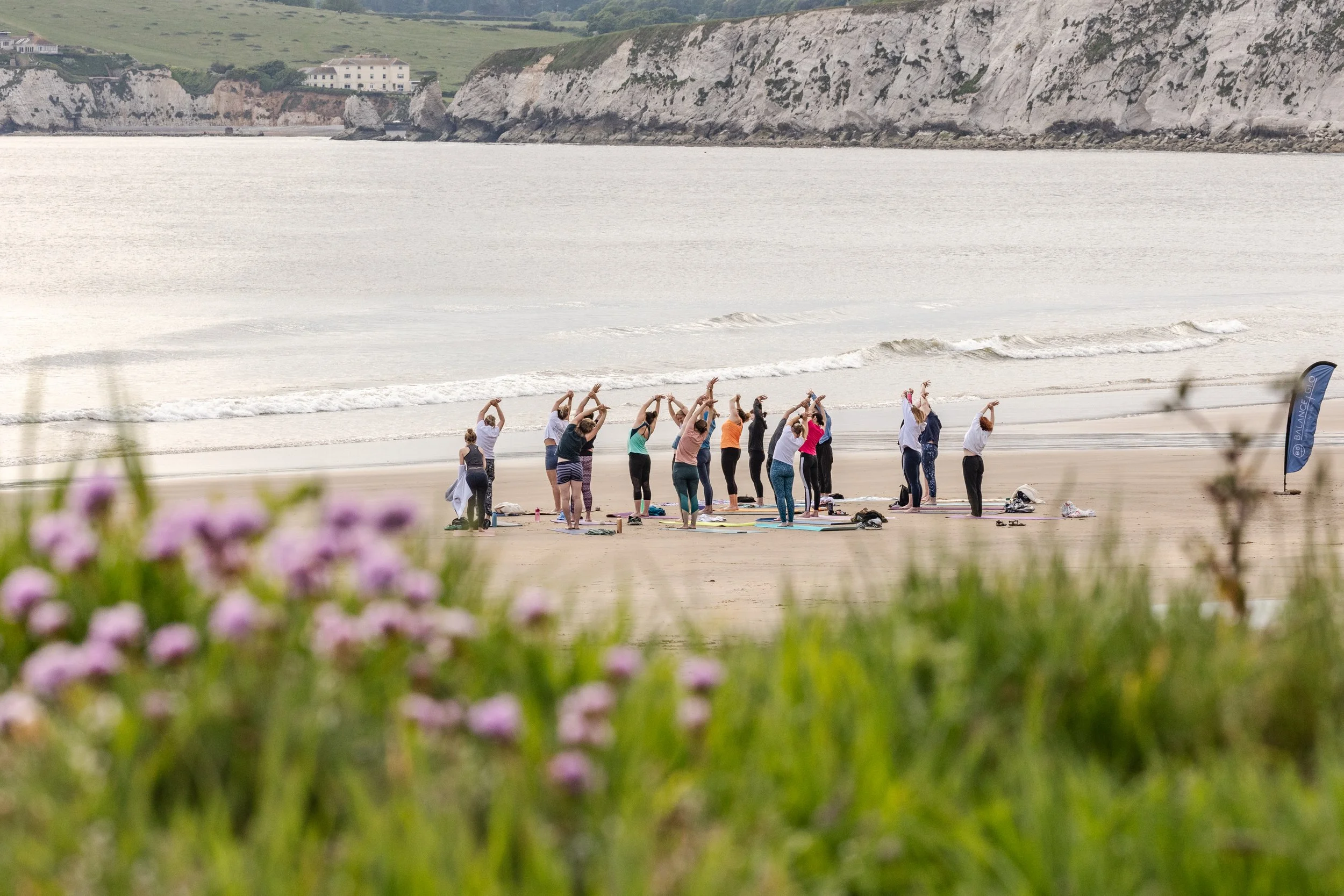 Group of people practicing yoga on the beach near the water with cliffs and houses in the background, and pink flowers in the foreground.